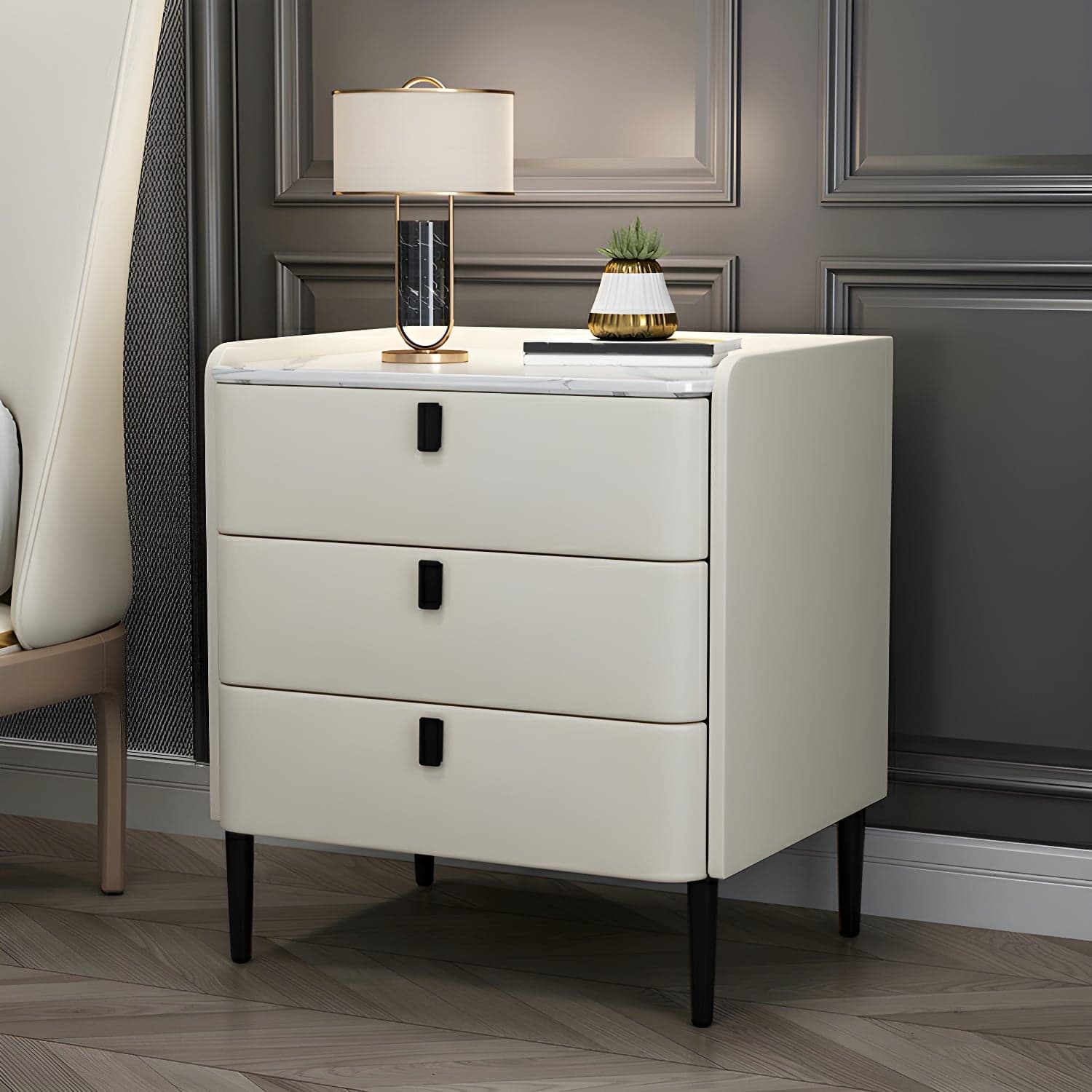 Glam Style Sintered Stone Top Drawer Storage Nightstand for Bedroom thumbnail 1