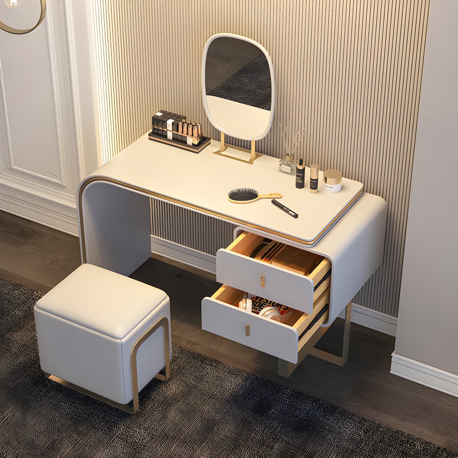 Glam Vanity Set With Drawer Leather Mirror Bedroom Make-up Vanity thumbnail 14