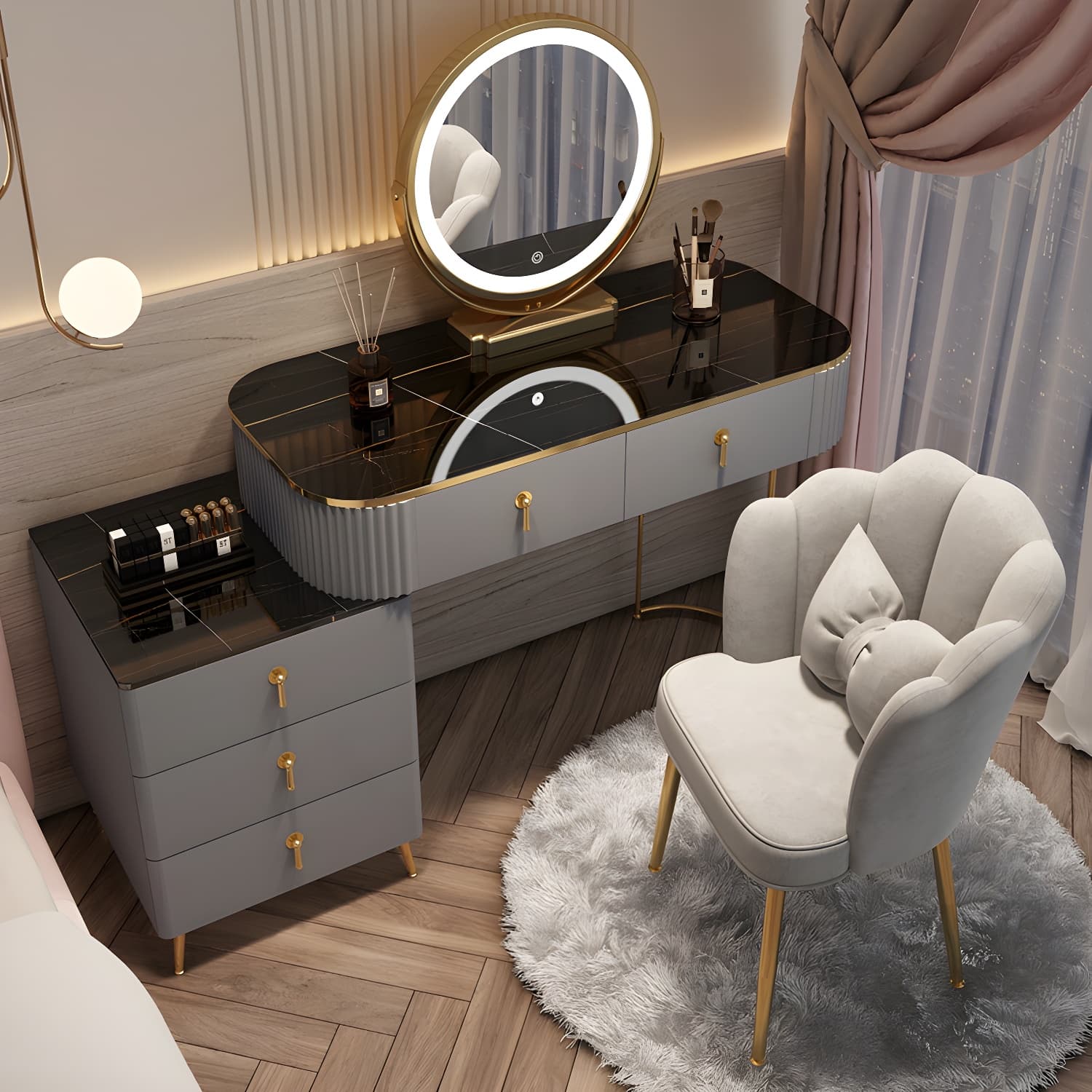 Contemporary Mirrored Wood Top Makeup Vanity Desk White/Gray Dressing Table thumbnail 7