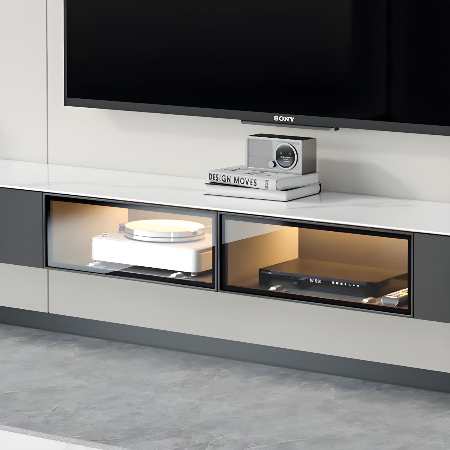 Modern Wall-mounted TV Media Stand Slate Top Wood Frame with Storage thumbnail 6
