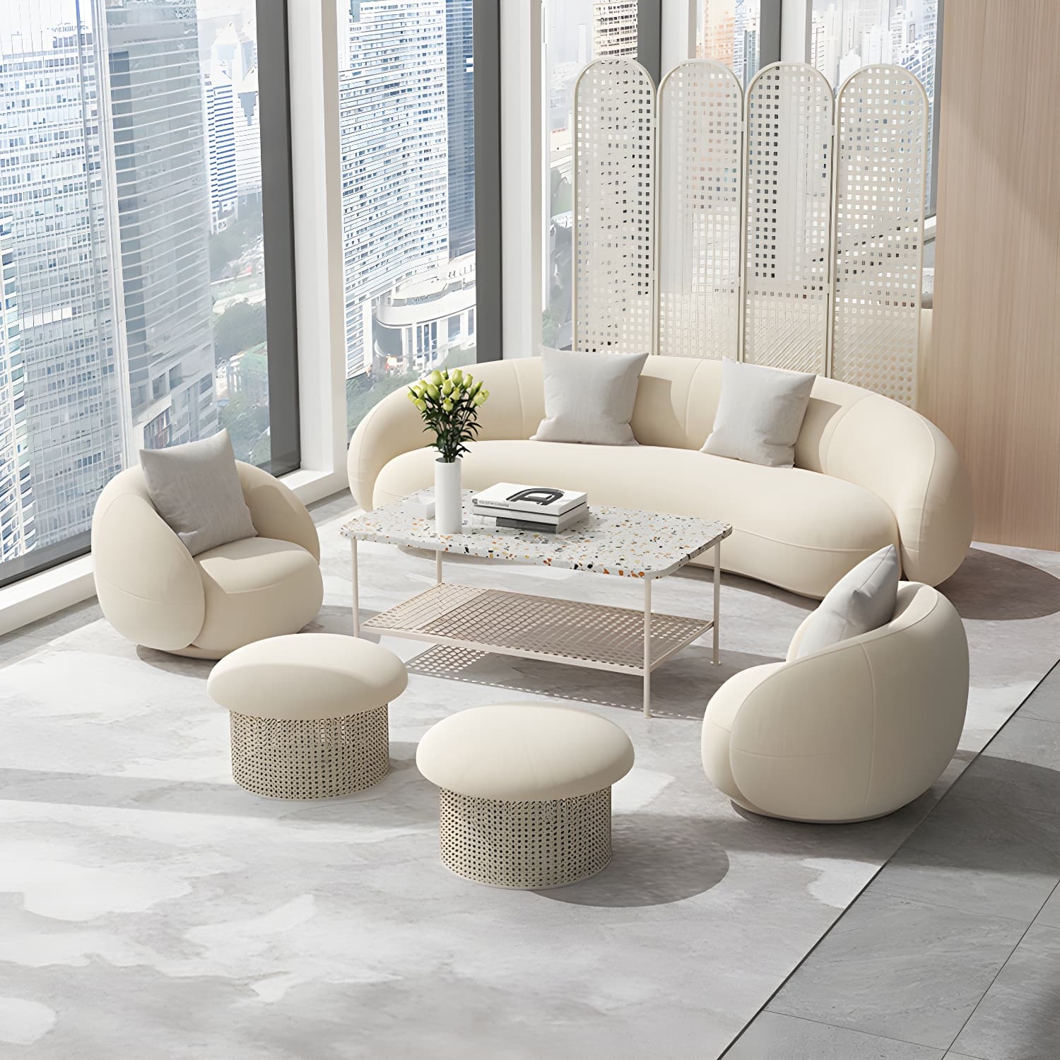 Beige Scandinavian Curved Sofa Tight Back Couch with Tuxedo Arm thumbnail 5