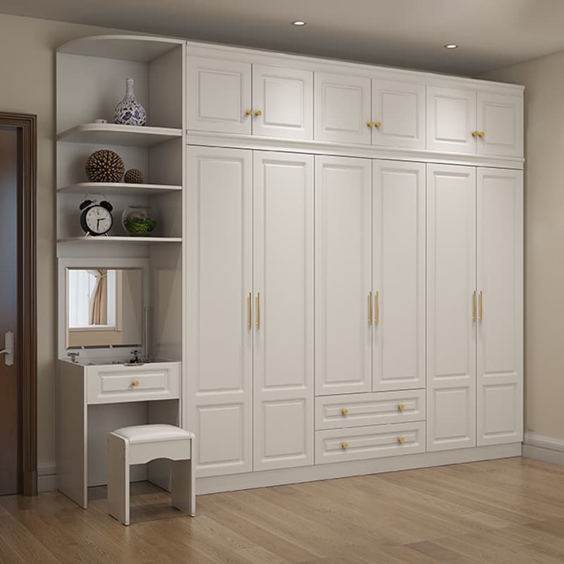 Art Deco Chalk Manufactured Wood Free Standing Interior Shelves Wardrobe with Soft Close Drawer and Hanging Rod thumbnail 4