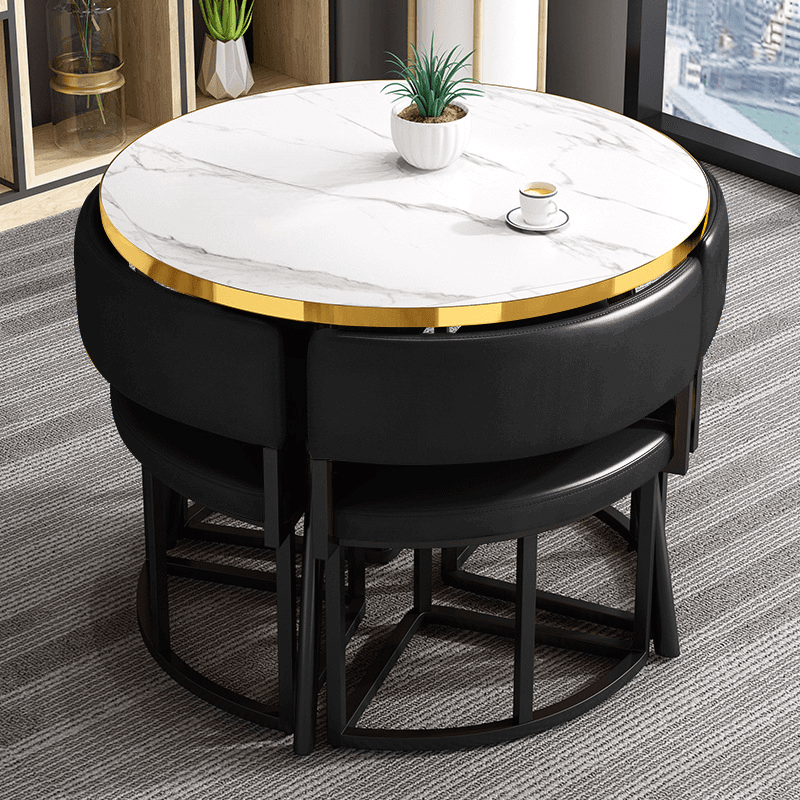 Art Deco Circular-shaped Upholstered Chair Metal & Faux Wood Dining Table Set with Upholstered Back in White, 5 Pieces thumbnail 1