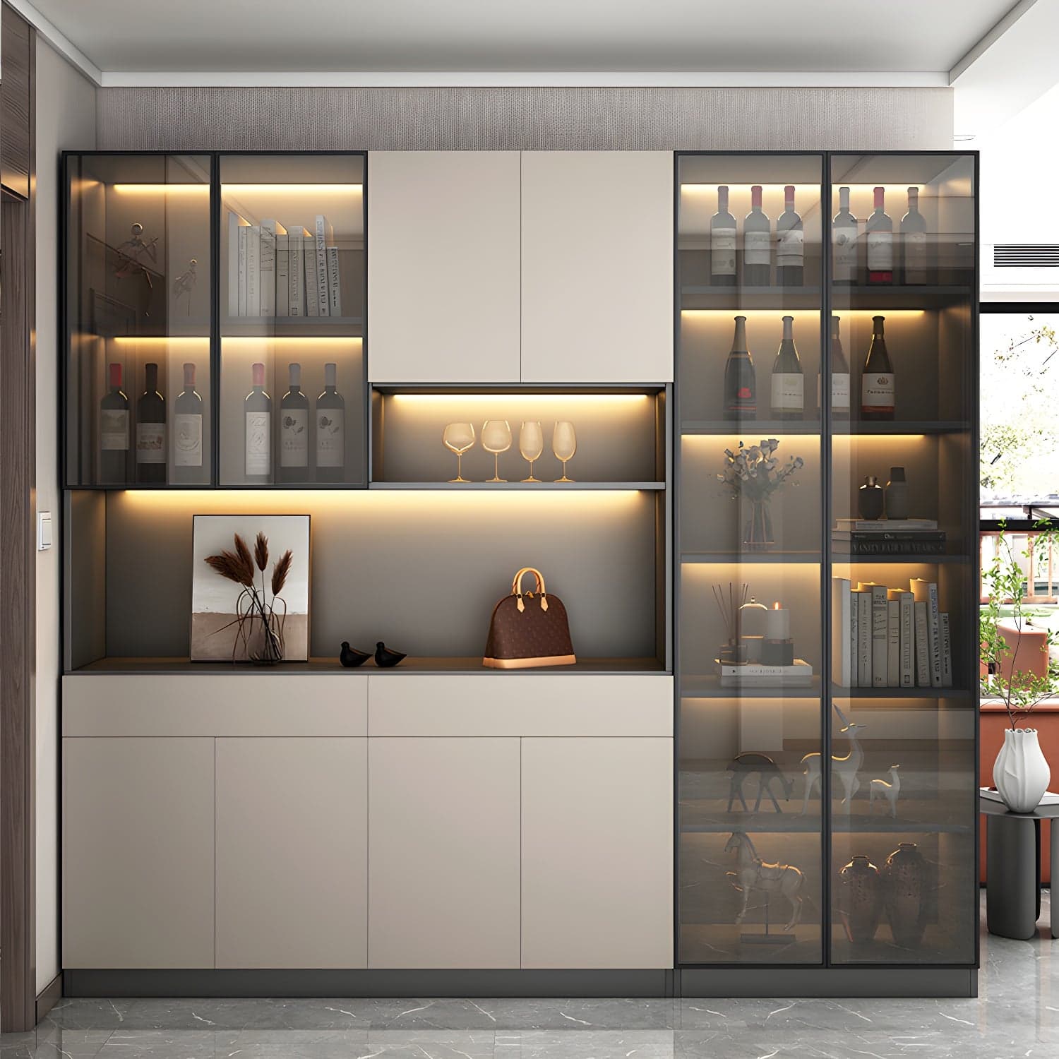Accent Cabinet Rectangle Contemporary Glass Wood with Shelves thumbnail 5