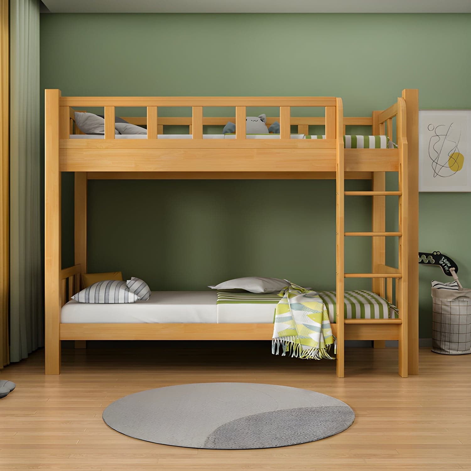 Mid-Century Modern Headboard Bunk Bed Solid Wood Bed with Footboard