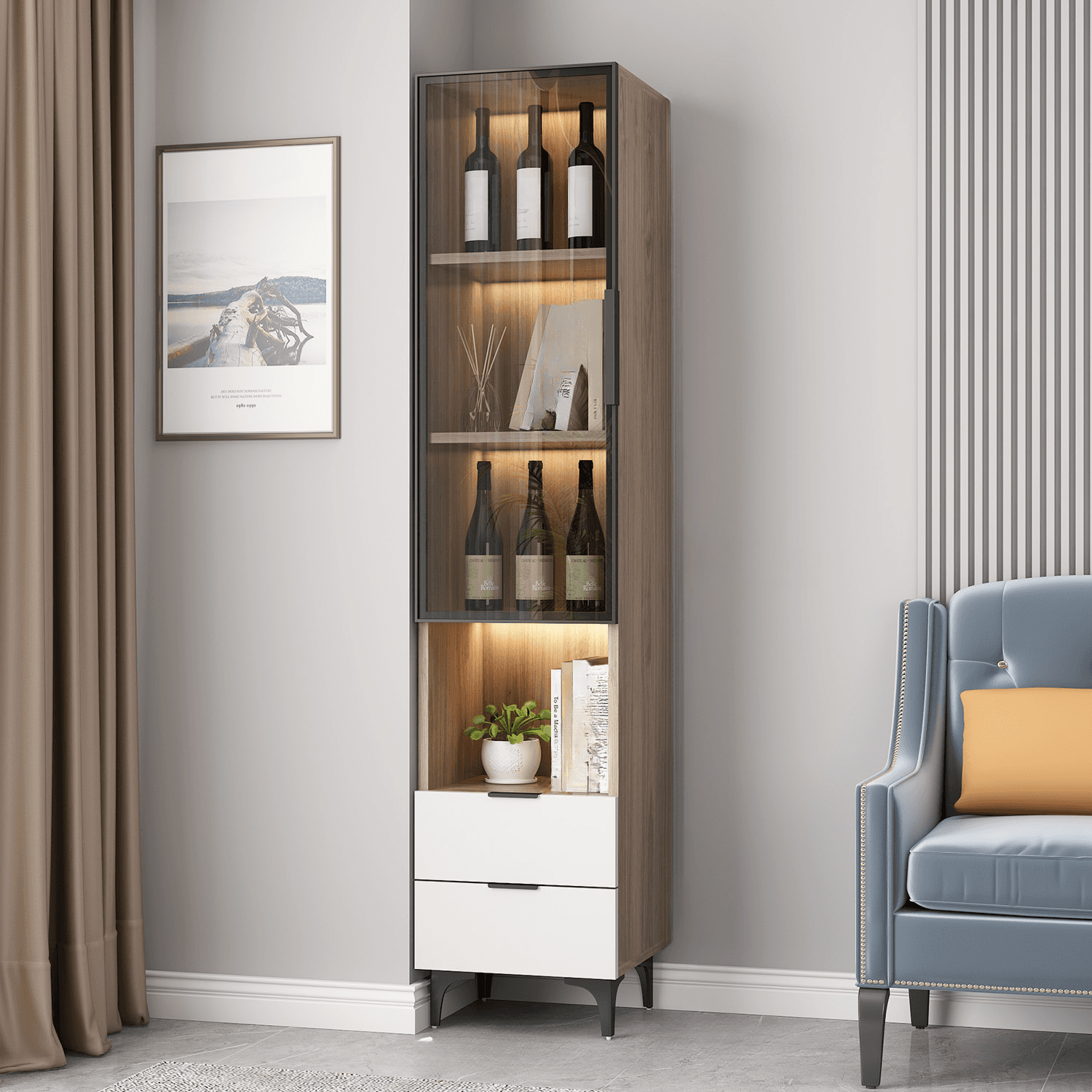 Rectangle Utility Cabinet with Locker, Glass Door, Pull Bars, White/Espresso/Off White Top, Soft Close Drawer, and Light thumbnail 1