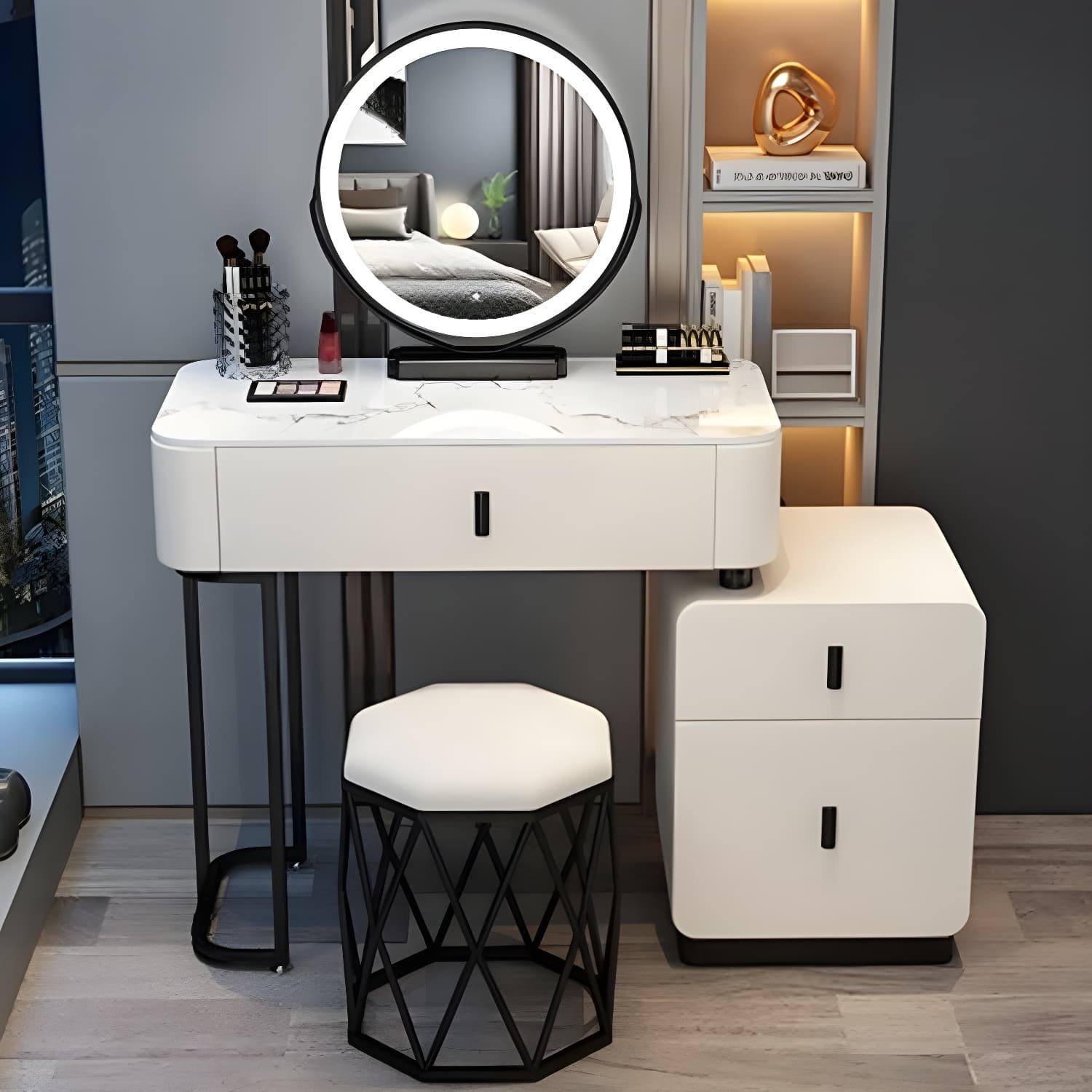 Modern Stone Top Makeup Vanity Desk with Solid Wood Storage Drawers thumbnail 7