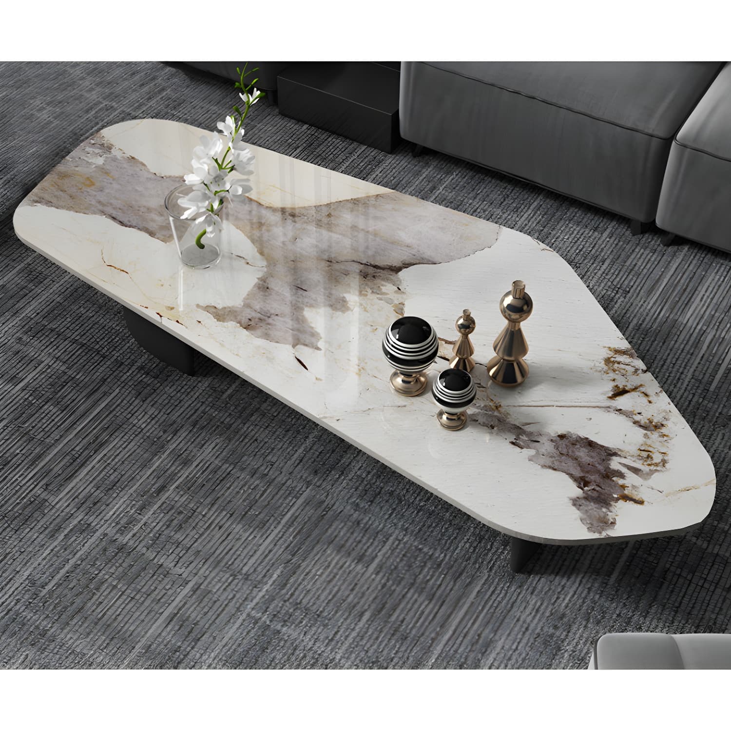 Pedestal Design Marble Metal Steel Black Pedestal Free Shape Coffee Table thumbnail 3