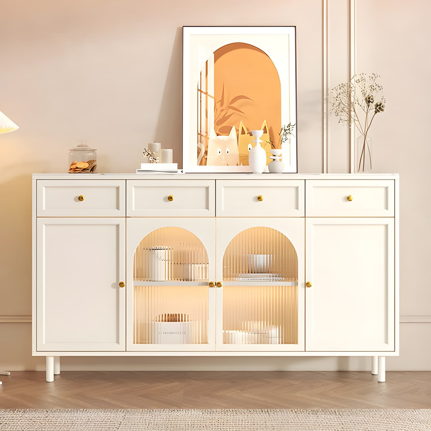 Scandinavian Wood Buffet Sideboard with Stone Countertop and Glass Doors thumbnail 4