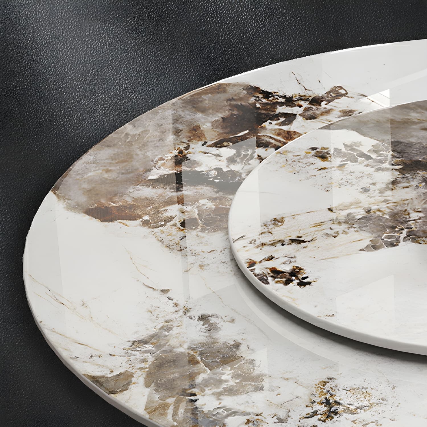 Stunning White Stone Round Dining Table with Lazy Susan and Silver Steel Pedestal Base thumbnail 6