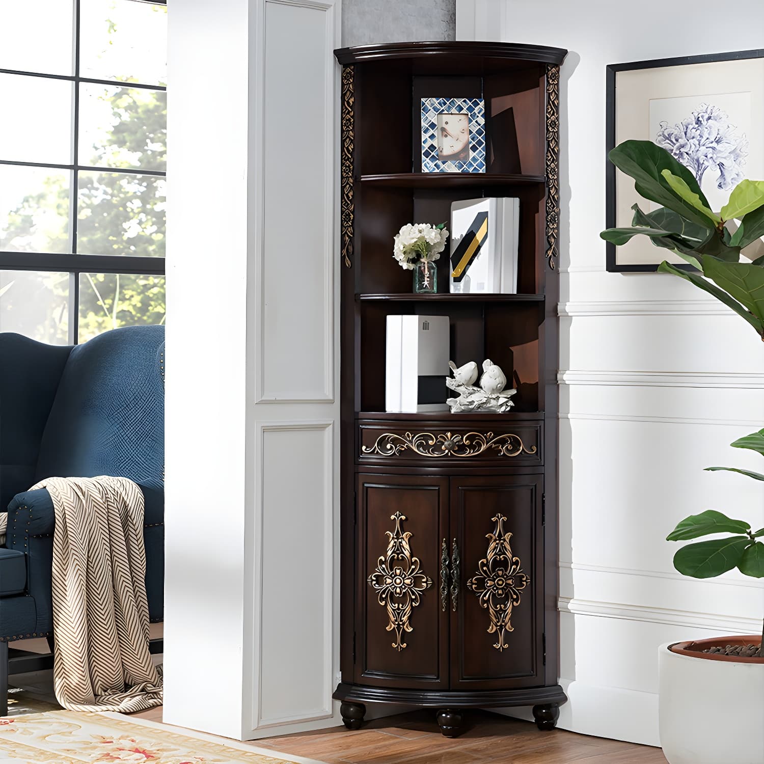 Traditional Bar Pulls Solid Wood Corner Accent Cabinet with Doors thumbnail 4