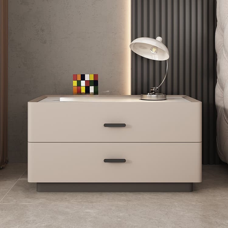 Elegant Two-Drawer Faux Leather Nightstand with Stone Countertop in Low Height for Modern Homes thumbnail 9