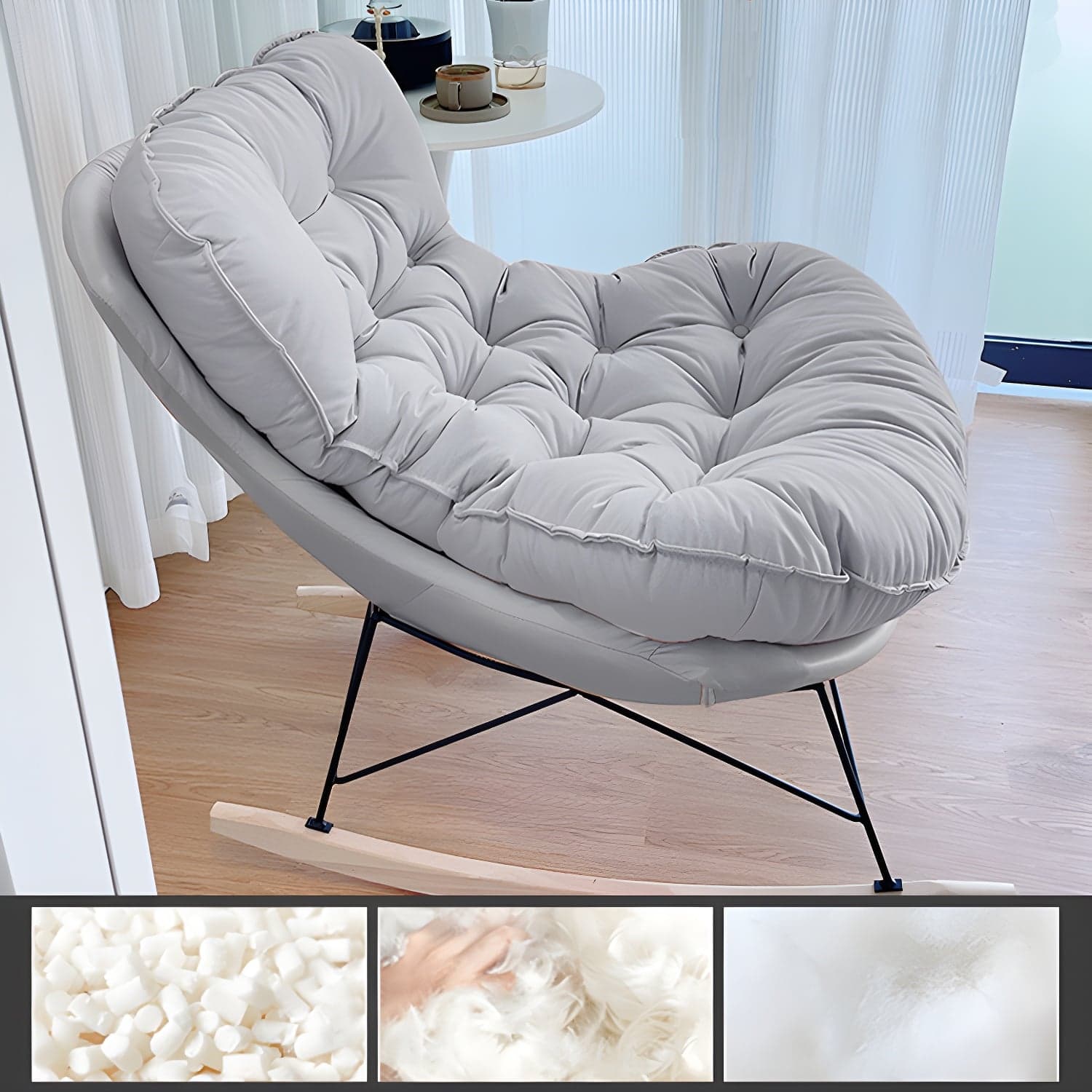 Modern Tufted Upholstered Rocking Chair with Natural Wood Legs thumbnail 3