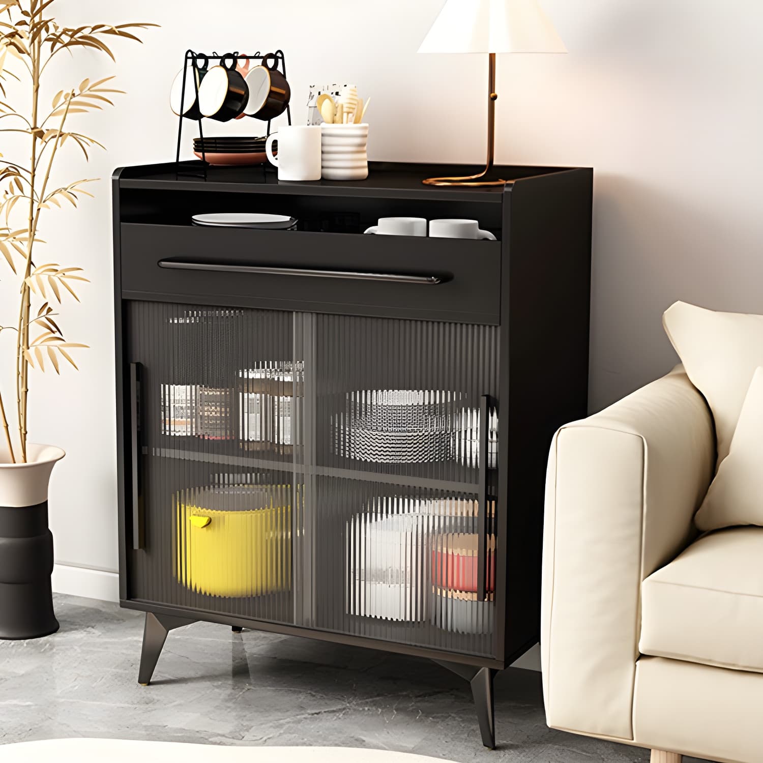Scandinavian Wood Sideboard Credenza with Acrylic Doors and Drawers - image 9