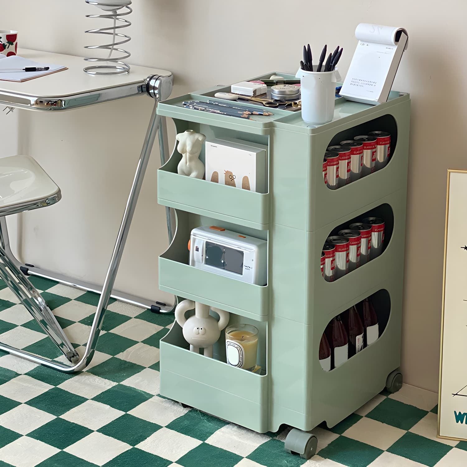 Modern Plastic Night Table Open Storage Night Stand with Wheels thumbnail 11