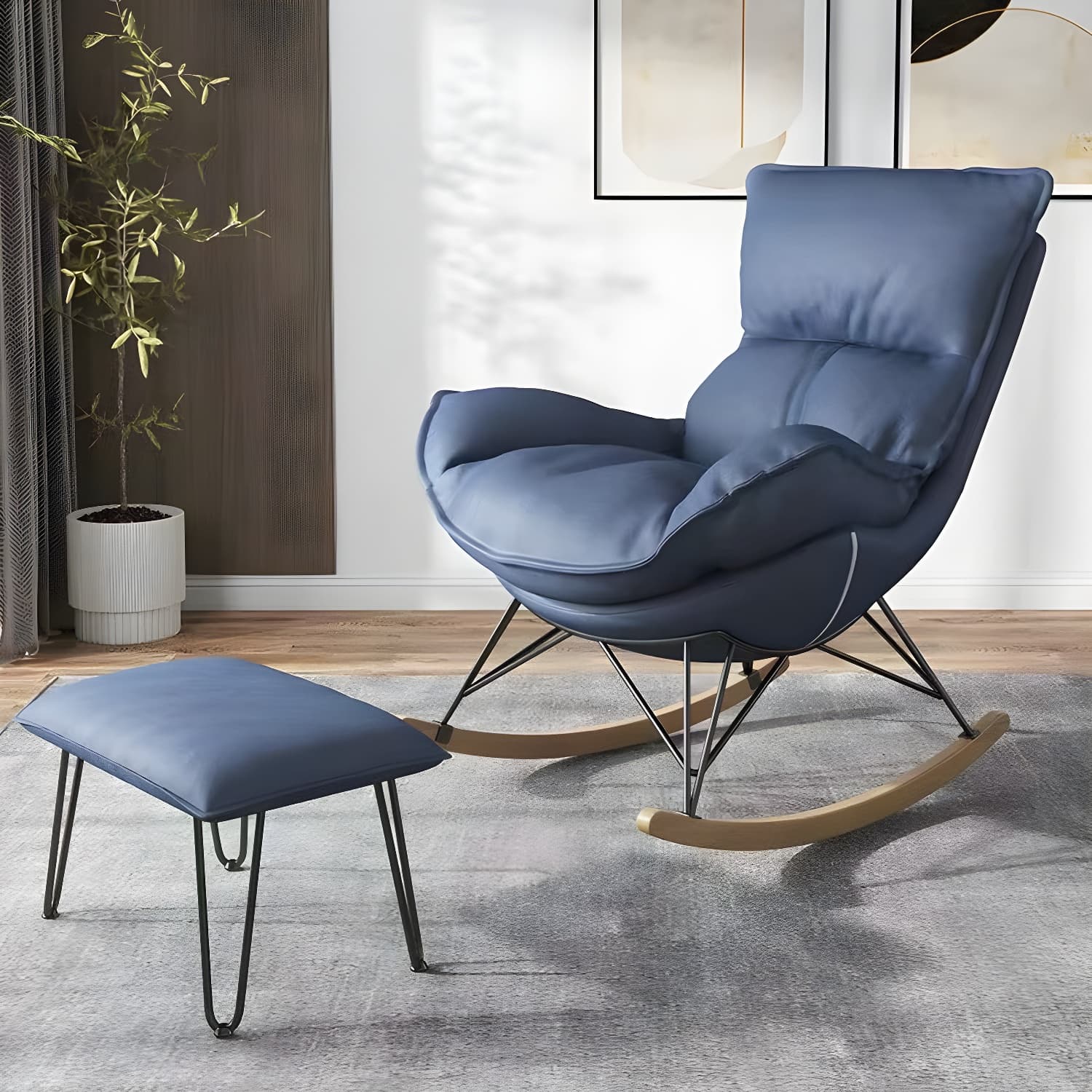 Modern Glider Chair Solid Pure Color Faux Leather Rocker Chair with Ottoman thumbnail 1