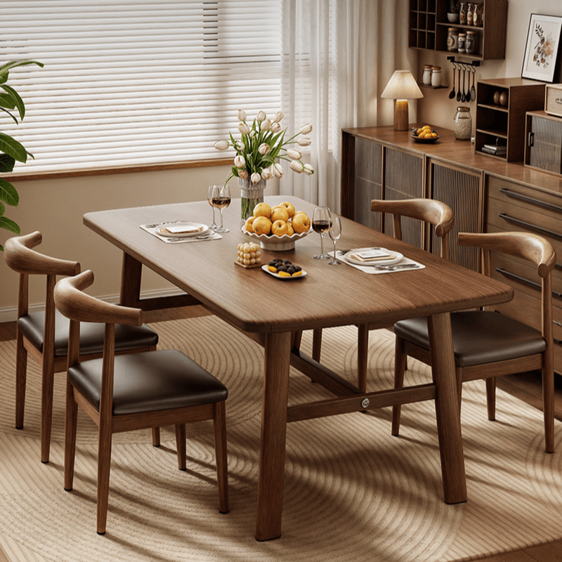 5 Pieces Chalk/Brown/Natural Dining Table Set with Wood Back Padded Chair and Natural Solid Wood Rectangular Dining Table for 4 thumbnail 5