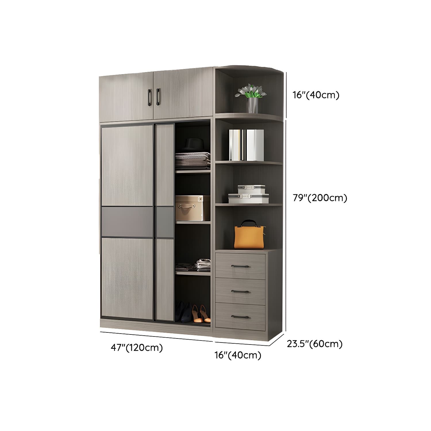 Contemporary Plate Storage Wood Wardrobe with Clothing Rod and Shelves in Light Grey thumbnail 20