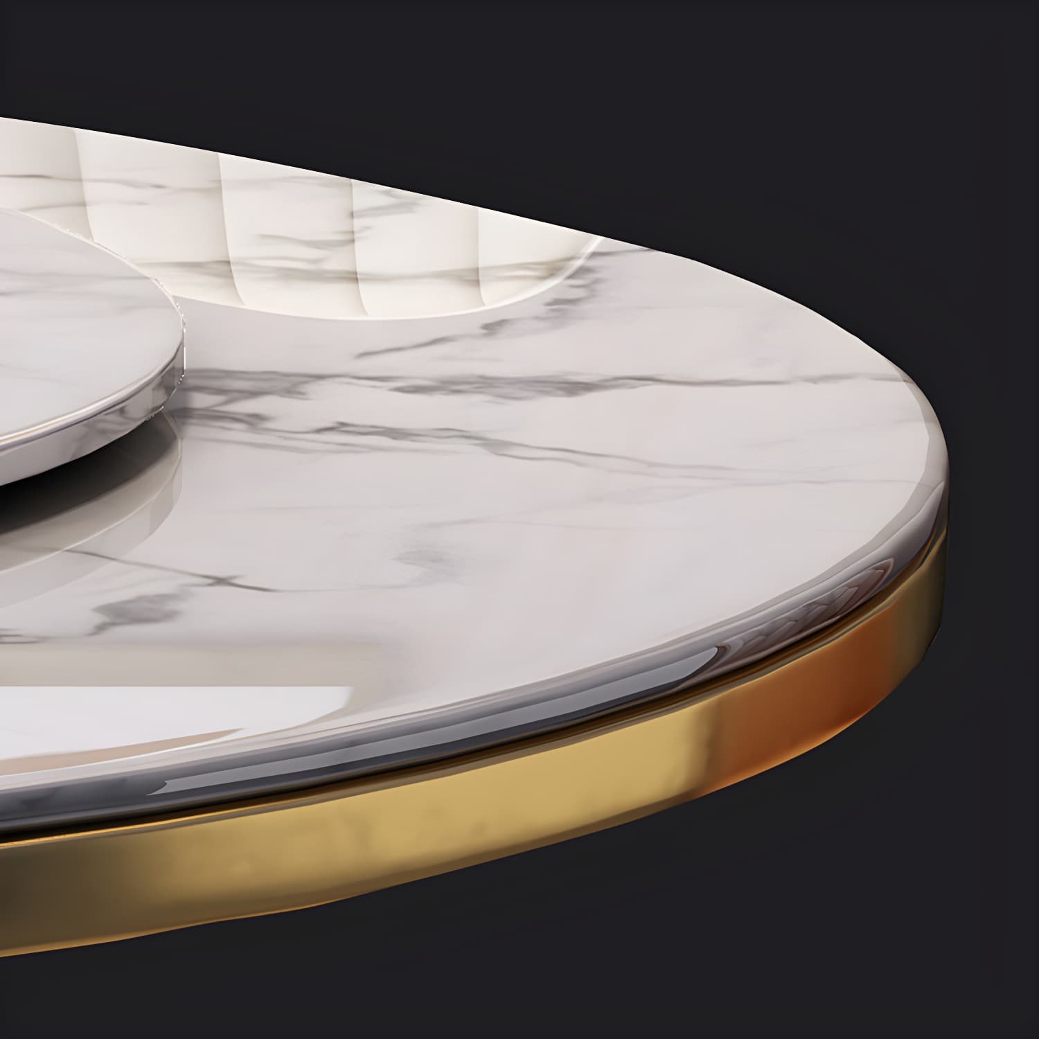 Glamorous Round Marble Dining Set with Gold Metal Pedestal Base and Upholstered White Chairs thumbnail 3