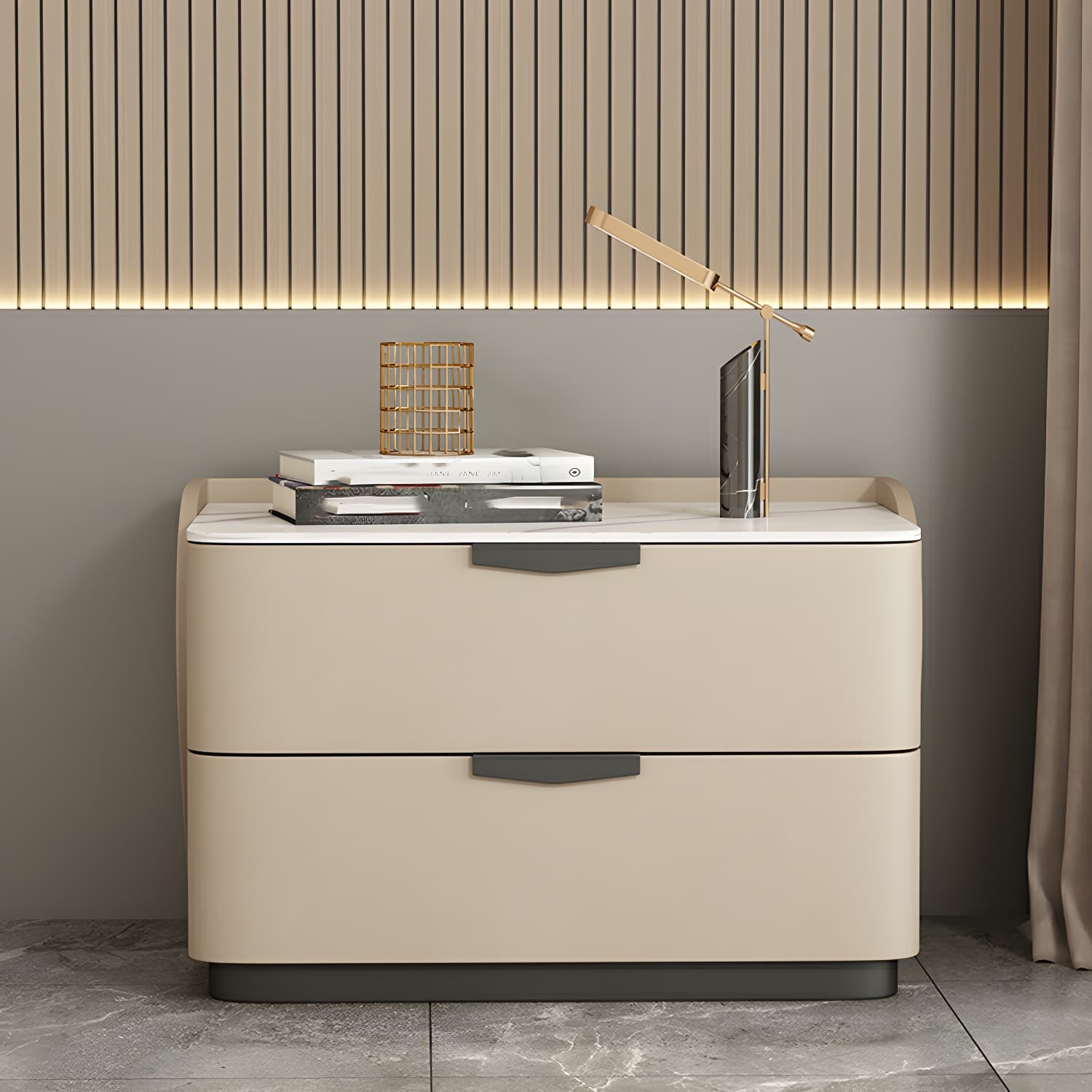 Modern Faux Leather Nightstand with Two Drawers in Light Wood thumbnail 7