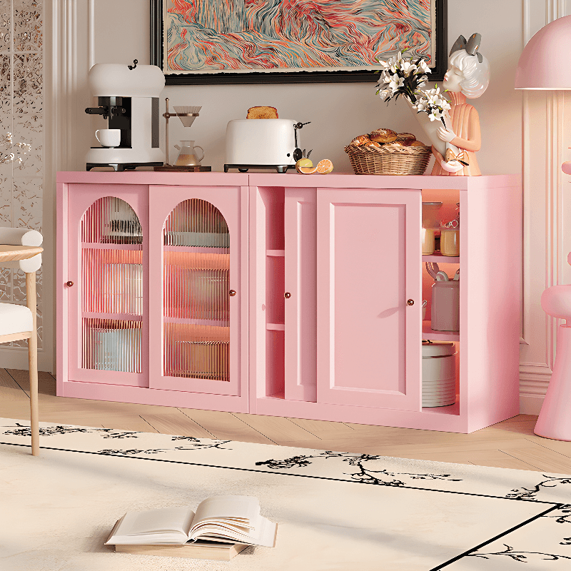 Simple Narrow Iron Countertop Sideboard with Cupboard, Glass Doors, and Changeable Shelf thumbnail 9
