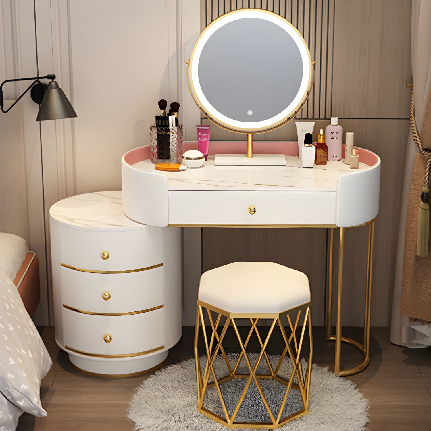 Lighted Mirror Makeup Counter Bedroom Makeup Vanity Desk Table with Drawer thumbnail 5