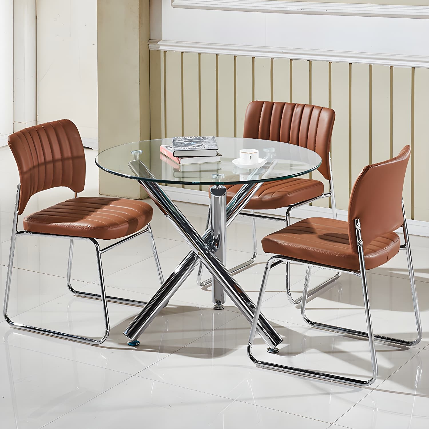 Modern Glass Round Dining Set with Three-Leg Metal Base - Clear, 36-inch Table thumbnail 12