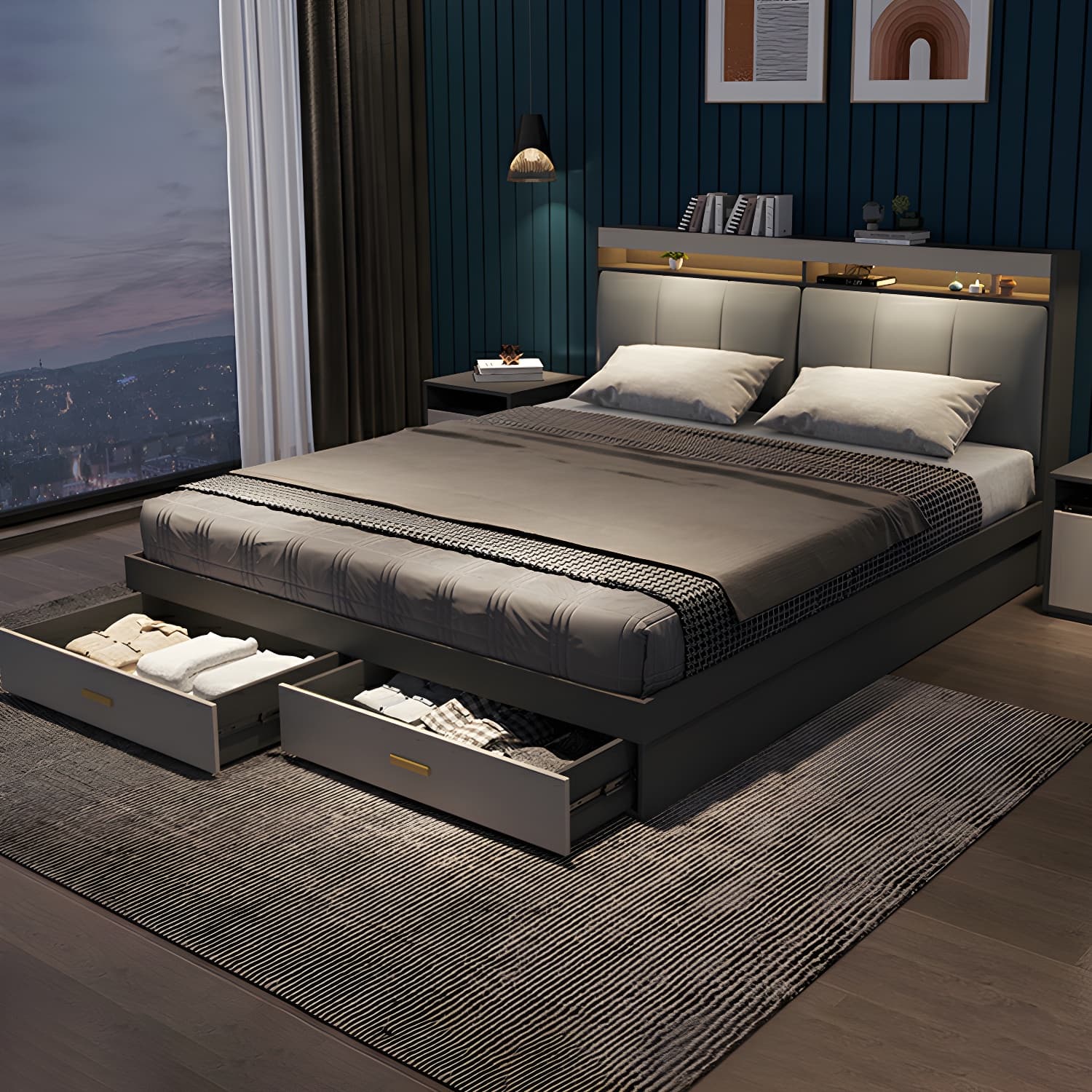 Modern Upholstered Headboard Bed with Storage and Patchwork Design thumbnail 6