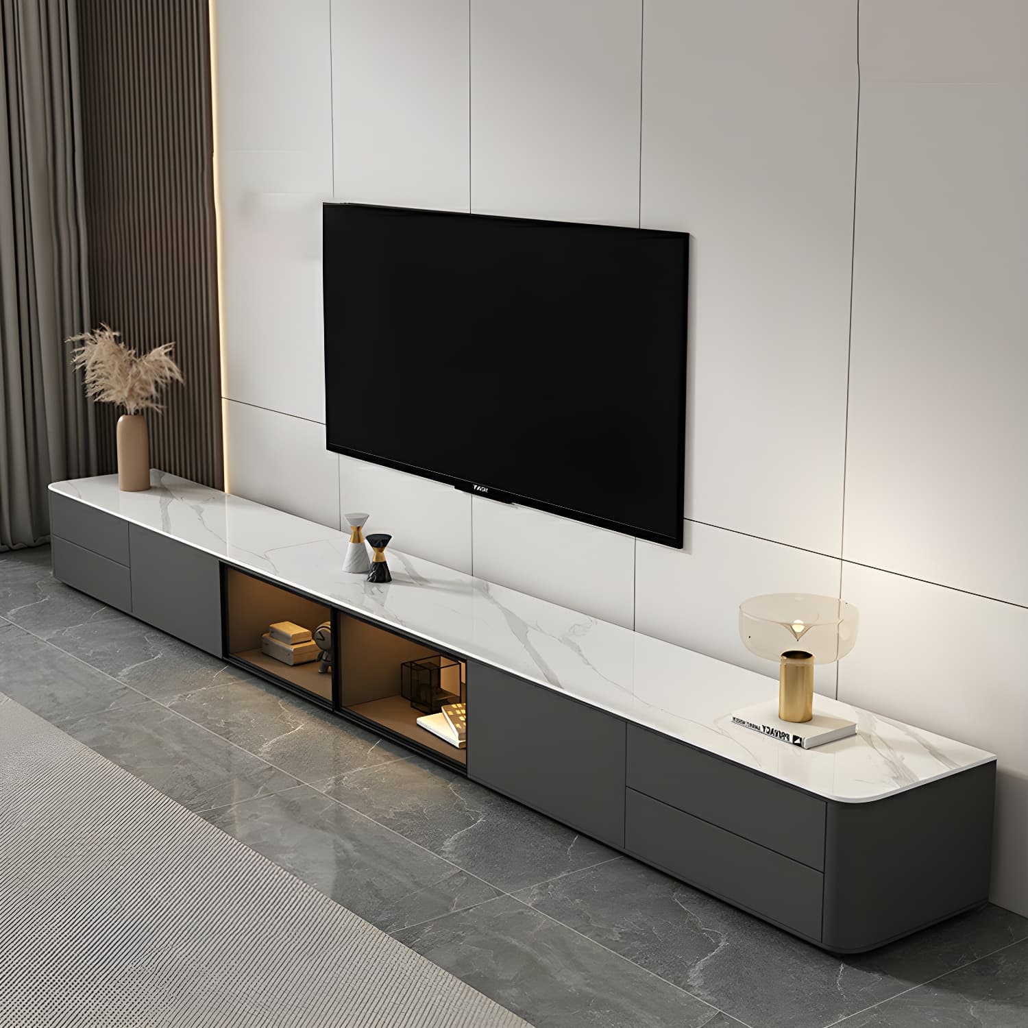 Grey Stone TV Stand with Drawers and Cabinet and No Cable Management for Modern-Style Long TVs thumbnail 11