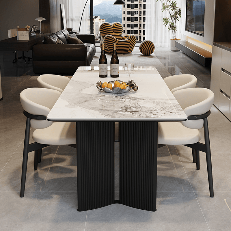 Dining Table Set with Rectangular Slate Stone Top and Two-sided Pedestal, Featuring Padded Chair with Back, 5-piece in White thumbnail 1