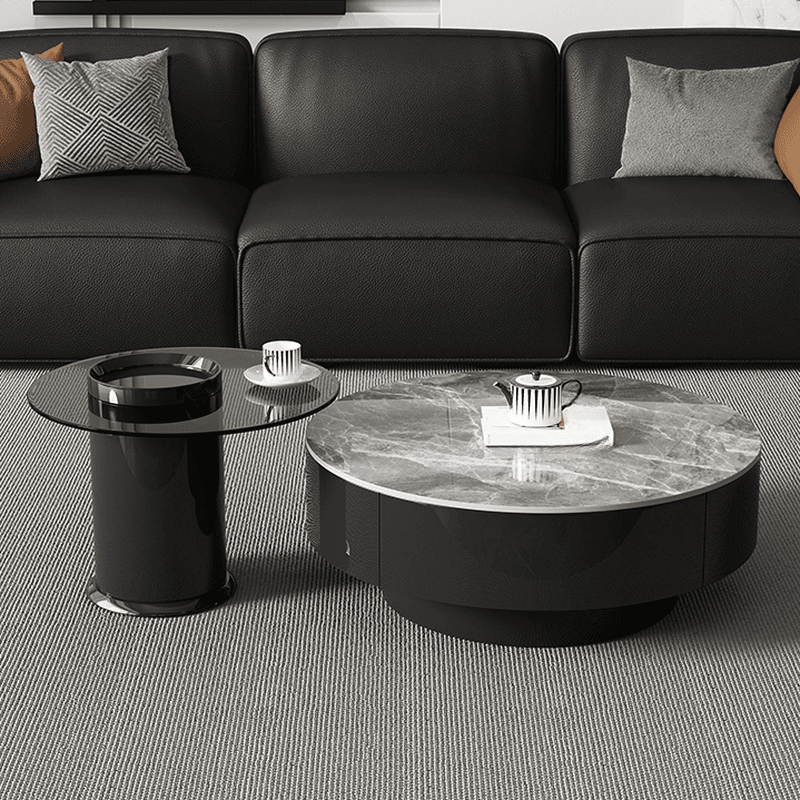 Elegant 1-Tier Circular-shaped Slate Side Table with Drum Base and Midnight Black Top, Includes 2 Drawers/1 Drawer thumbnail 6