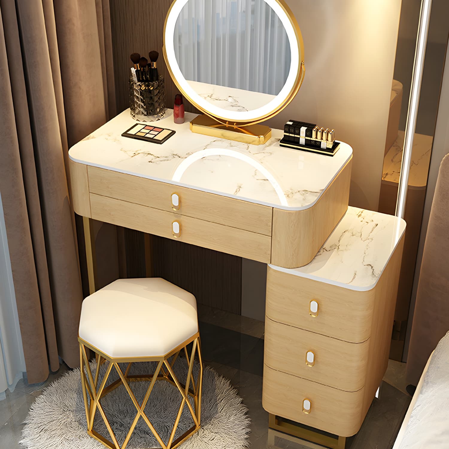 Stone Top Vanity with Storage Drawers Makeup Vanity Desk with Stool and Mirror thumbnail 16