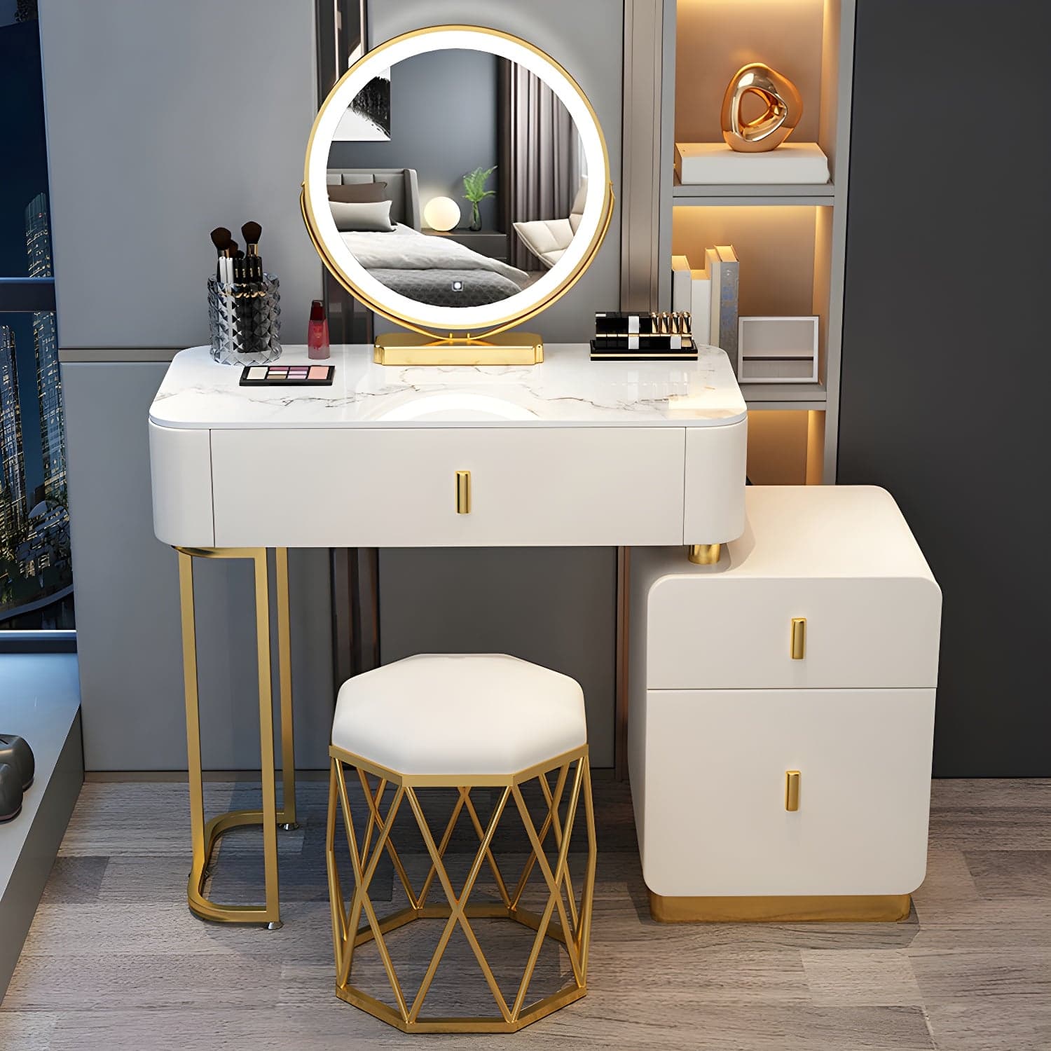 Wood Makeup Vanity Lighted Mirror Vanity Table and Stool Set thumbnail 3