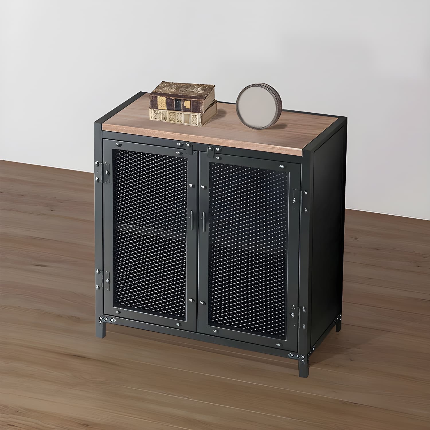 29.5" Tall Metal Accent Cabinet Industrial 2 - Door Chest with Wood Top thumbnail 2