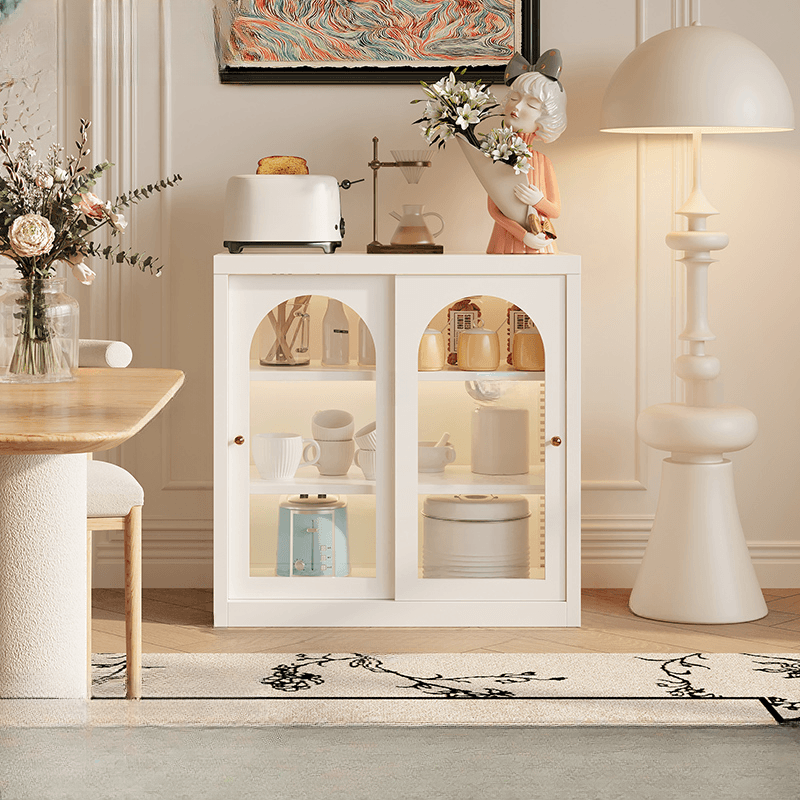 Simple Narrow Iron Countertop Sideboard with Cupboard, Glass Doors, and Changeable Shelf thumbnail 5