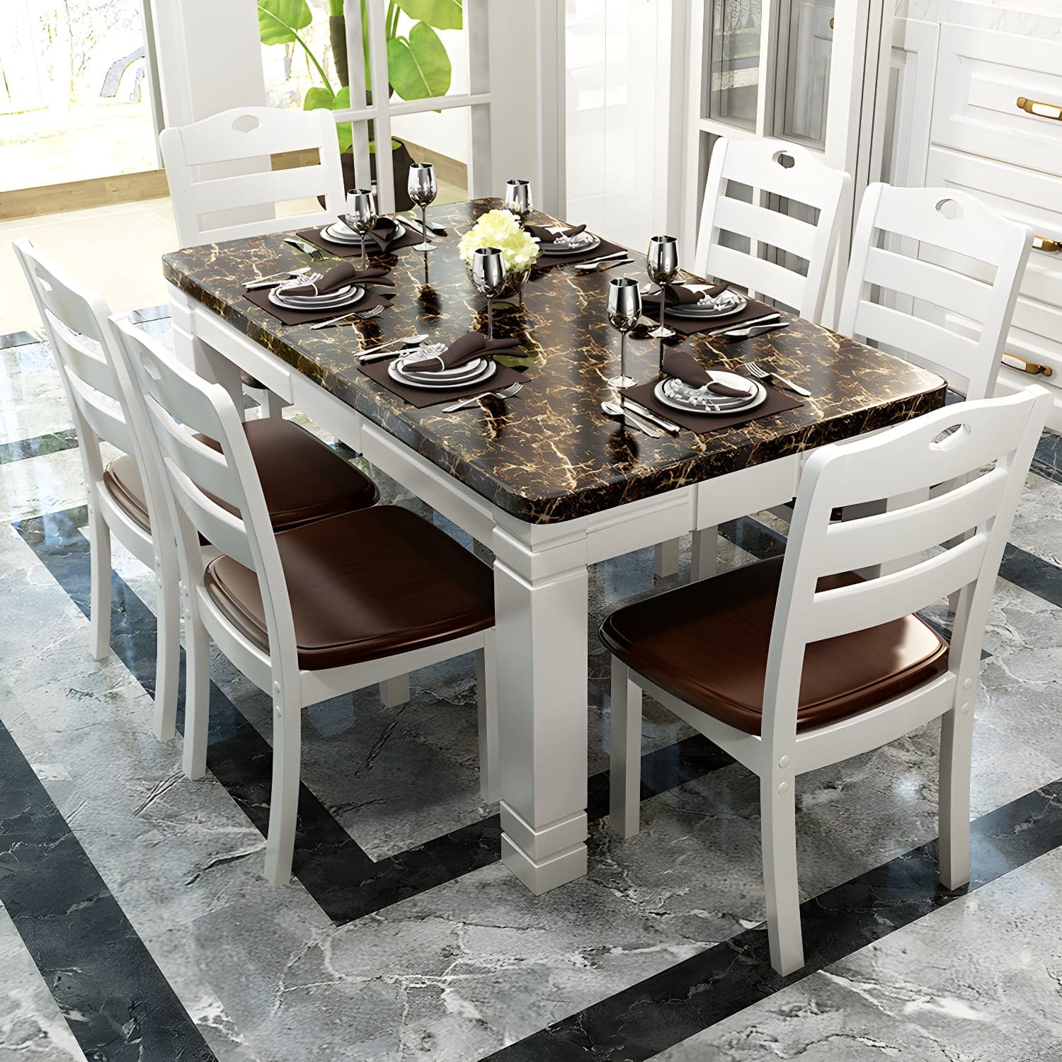 7 Piece Contemporary Rectangle Shape Dining Table Set with Chair thumbnail 1