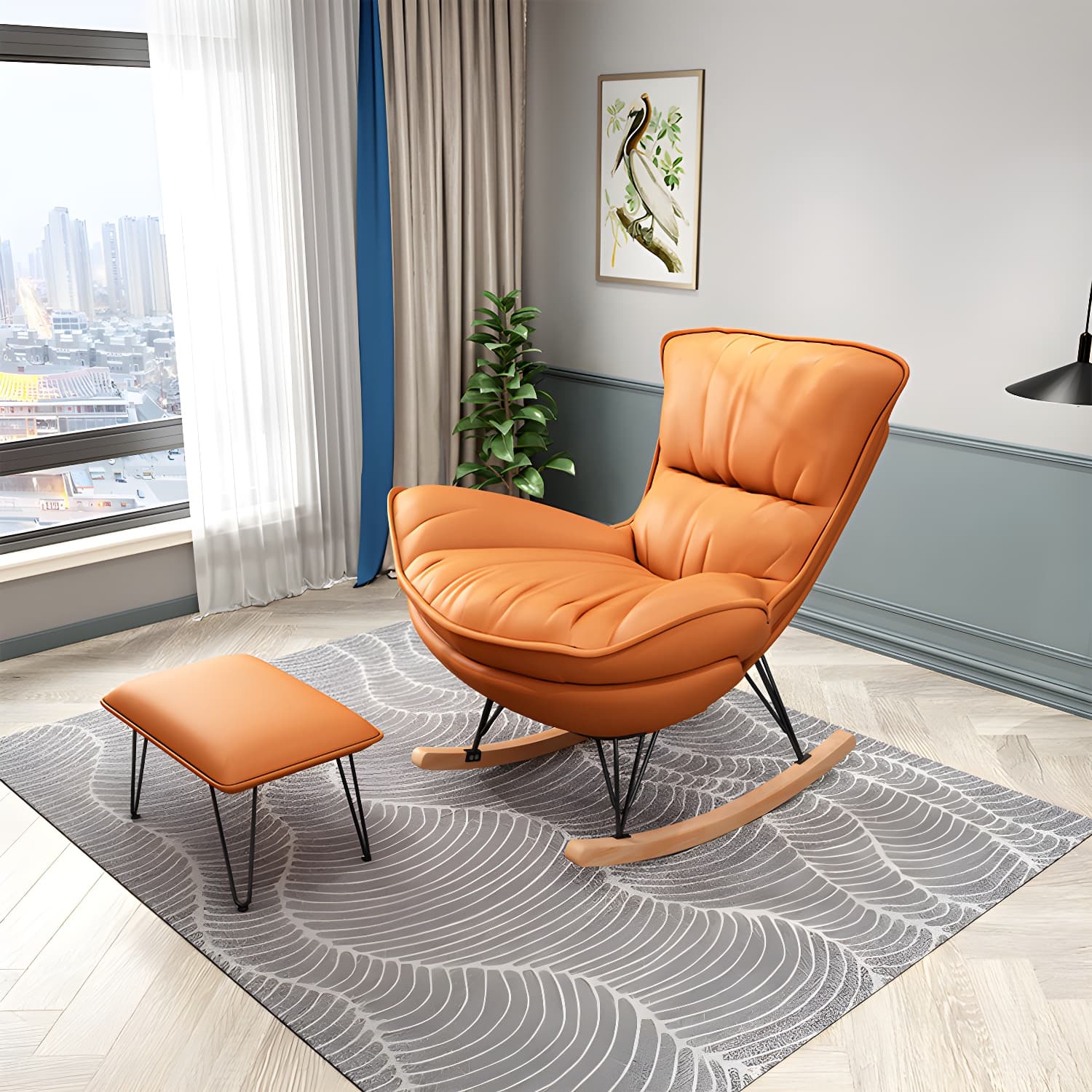 Wing Back Rocking Chair Solid Wood Rocker Chair with Ottoman thumbnail 20