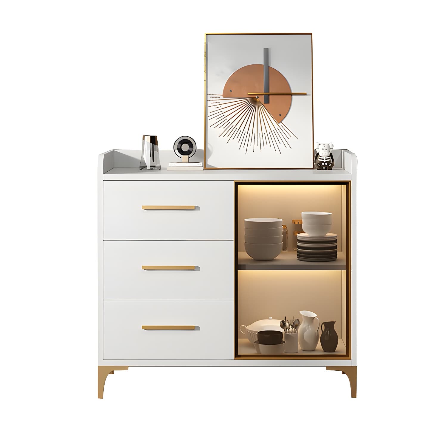 Glamorous Wood Buffet Sideboard with Glass Doors and Open Storage thumbnail 9