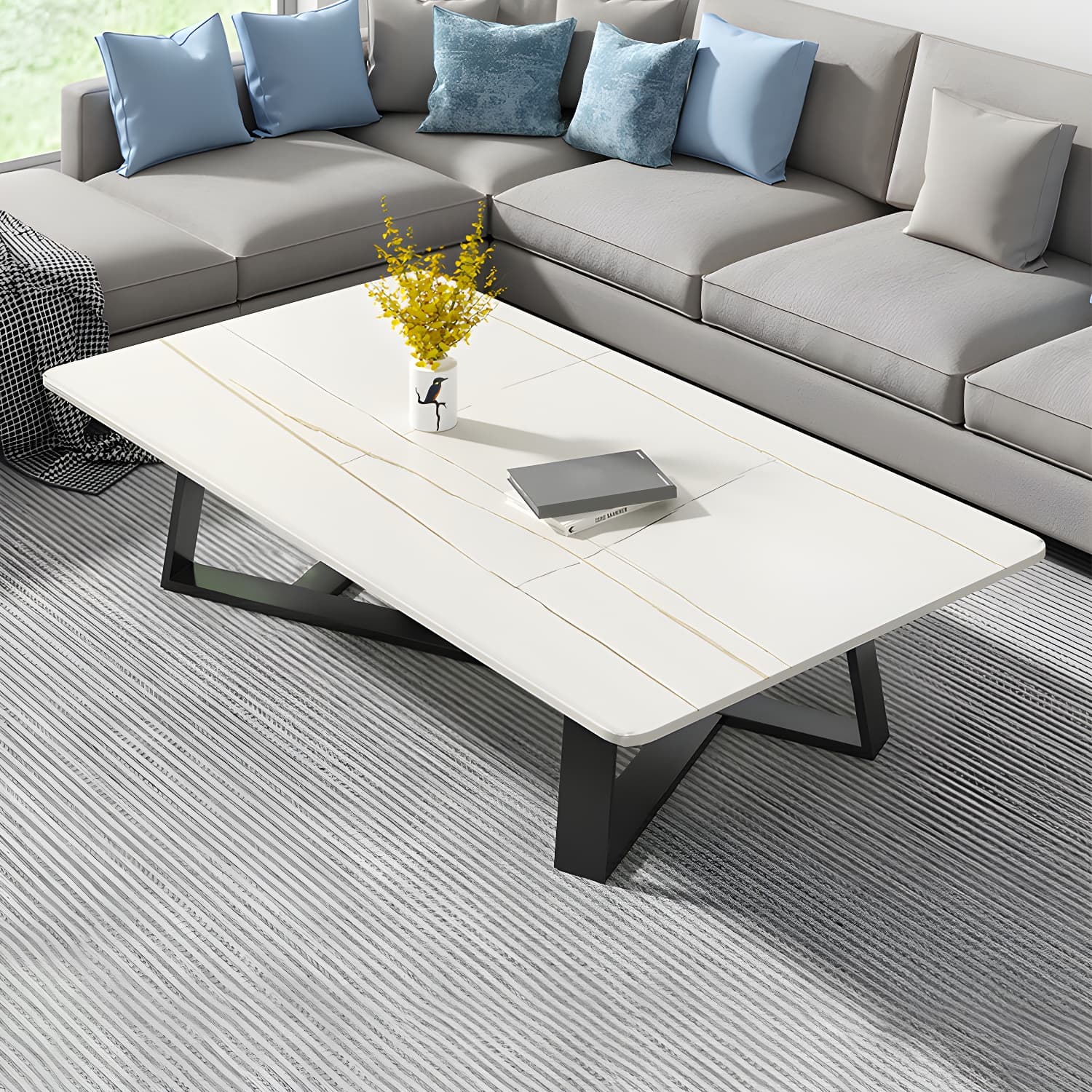 Stone and Metal Coffee Table Contemporary Coffee or End Table with Cross Legs thumbnail 16