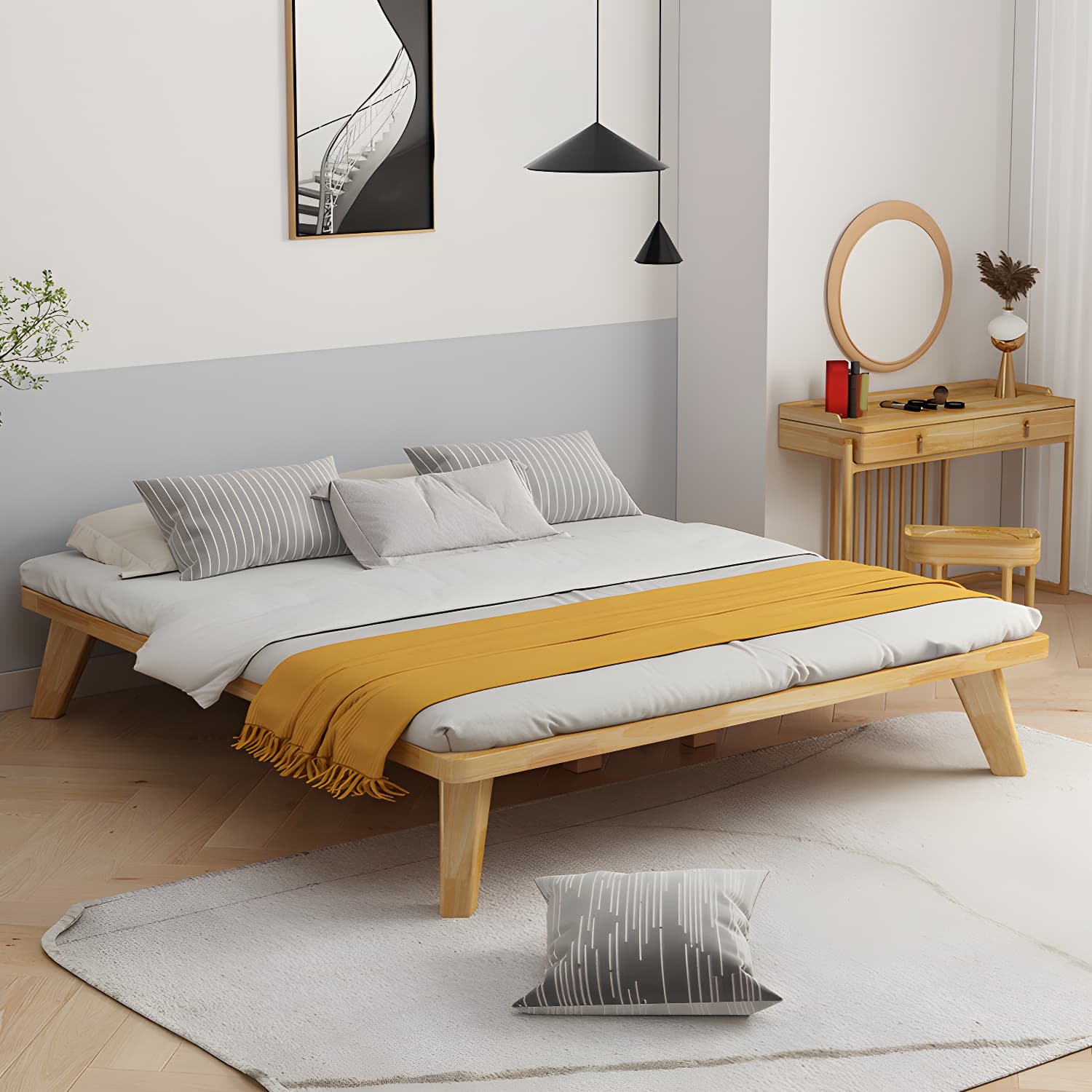 Scandinavian Solid Wood Platform Bed 13.39" High Natural Bed Frame Set thumbnail 3