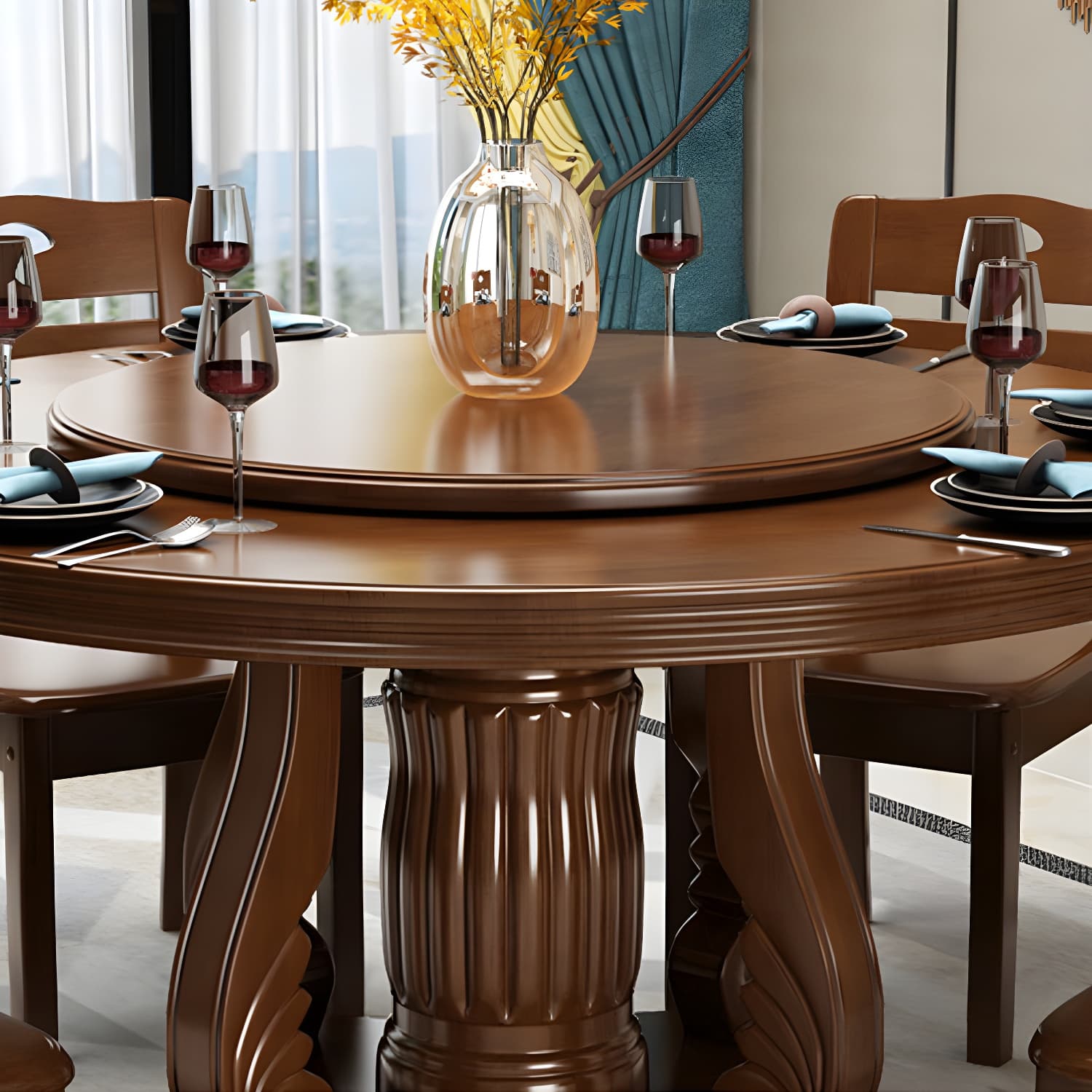 Contemporary Turntable Pedestal Dining Table Wood Dinner Table for Home thumbnail 4