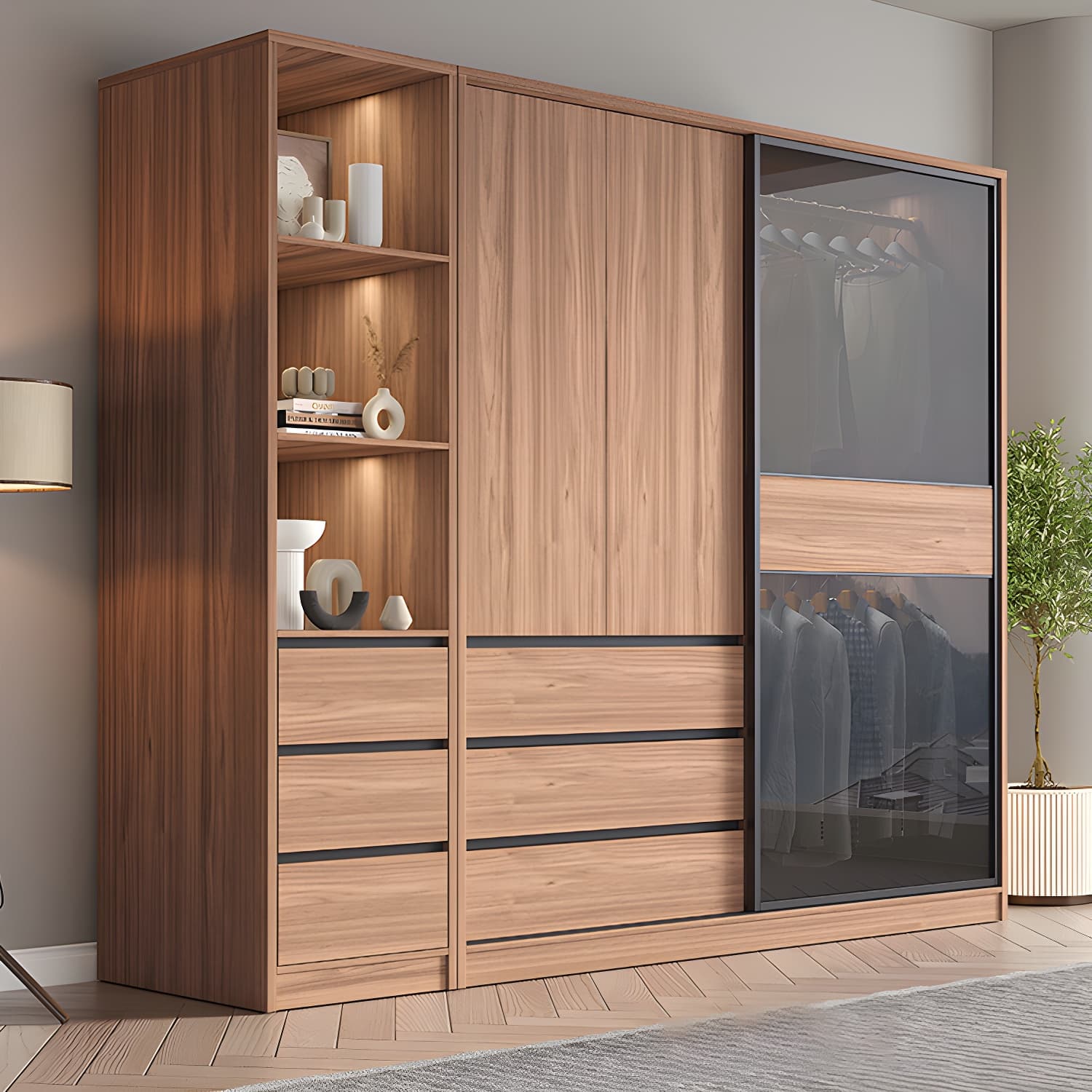 Glass and Wood Wardrobe Cabinet Brown Wardrobe Armoire with Garment Rod thumbnail 3