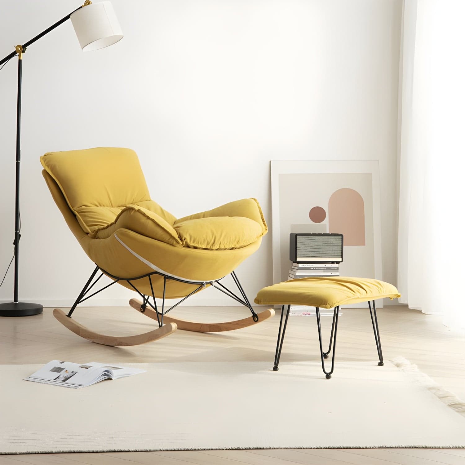 Modern Rocking Chair with Ottomans - Metal Frame, Removable Cushions, and Armless Design thumbnail 8