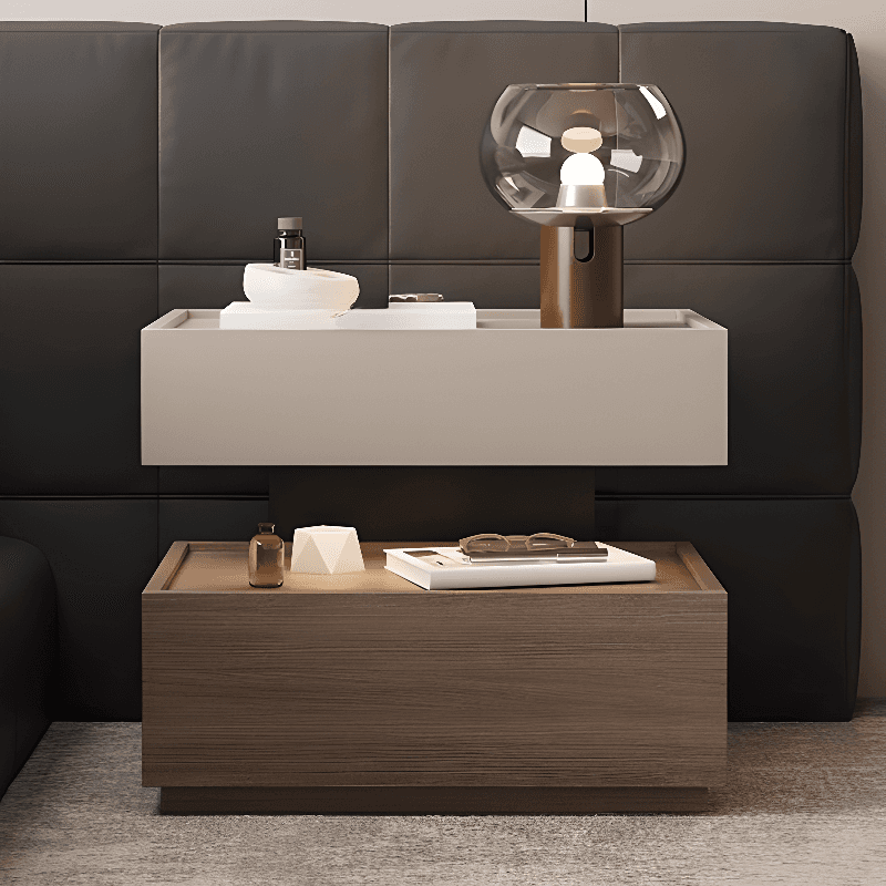 Organic Modern Nightstand With Drawer Organization Featuring 2 Shelves, Real Wood Countertop, and Illuminating Lighting thumbnail 7