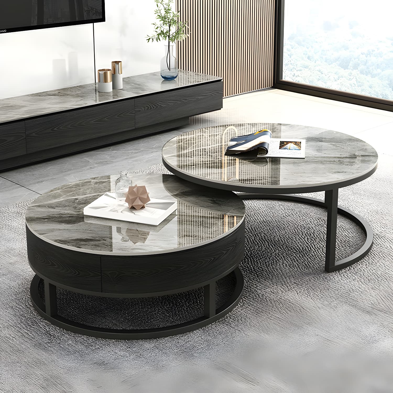Set of 2 Round Stone Top Modern Nesting Tables with Black Metal Frames and Drawers Included thumbnail 5