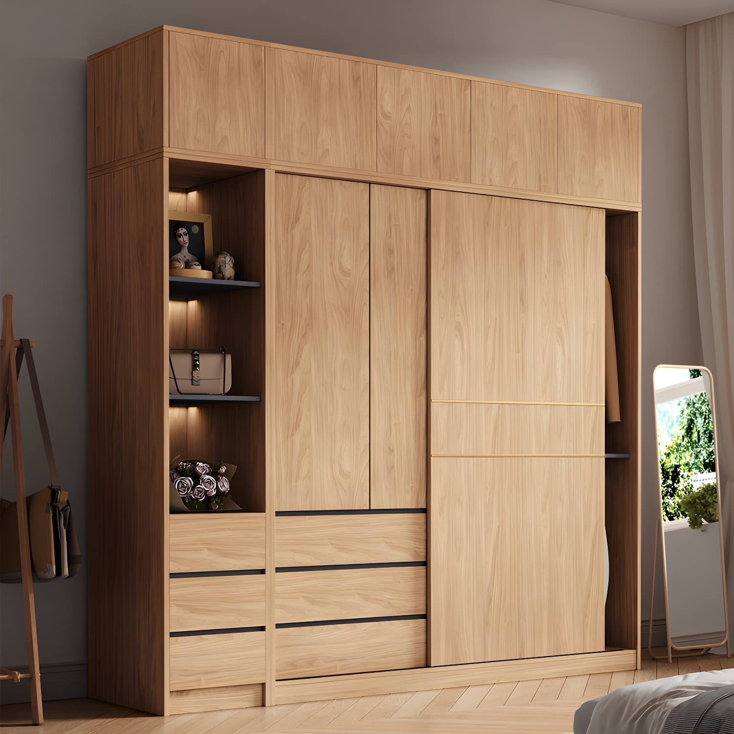 Natural Finish Wardrobe Armoire Sliding Wardrobe Cabinet with Drawer thumbnail 3