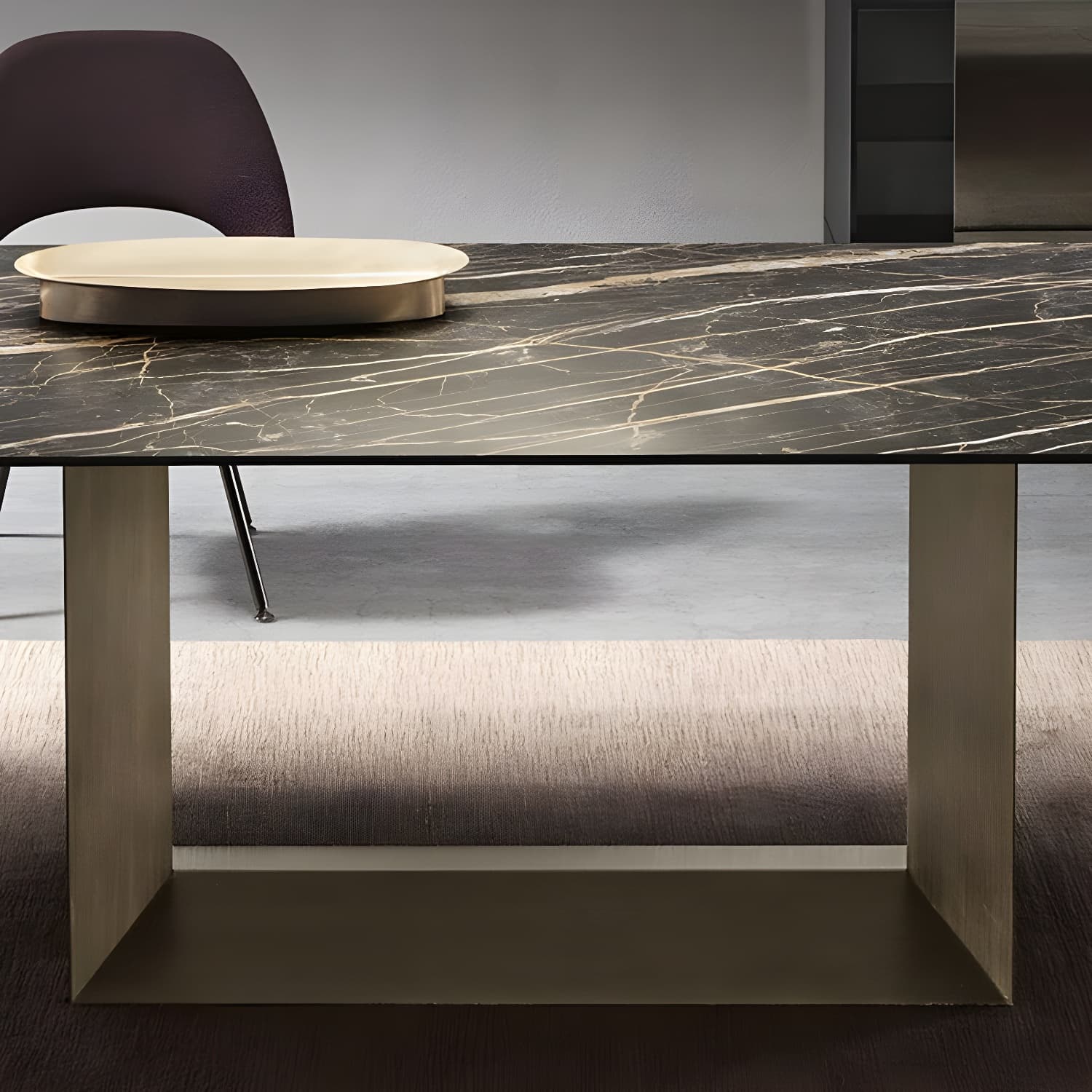 Rectangle Stone and Metal Dining table Modern Trestle Base Dining Table thumbnail 6
