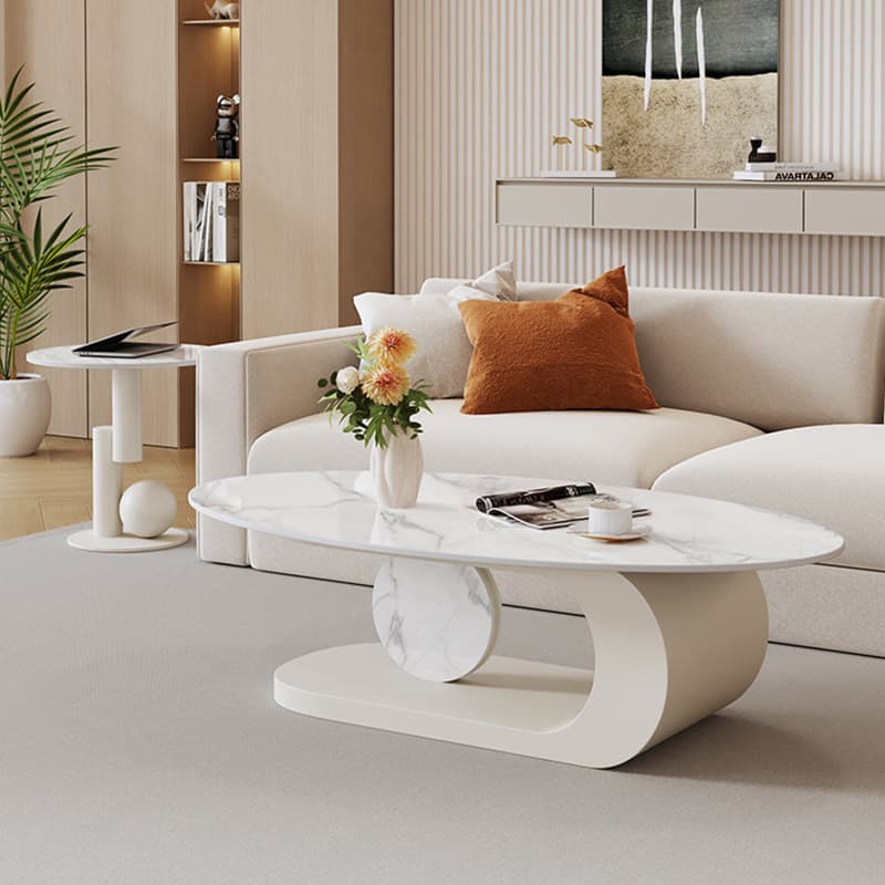 Elegant Stone Oval Coffee Table with Iron Block Base for Living Room thumbnail 8