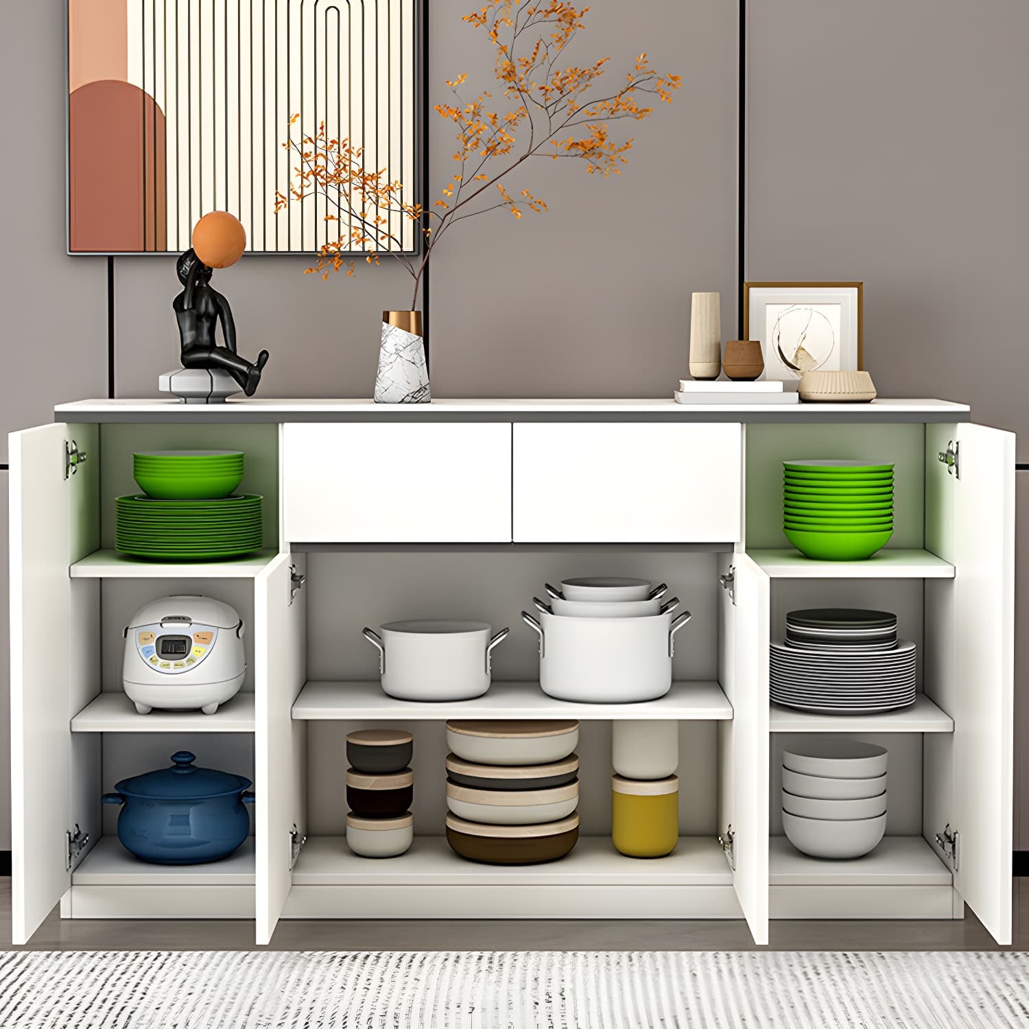 Modern Wood Sideboard Credenza with Drawers and Cabinets - Stone Countertop - image 17