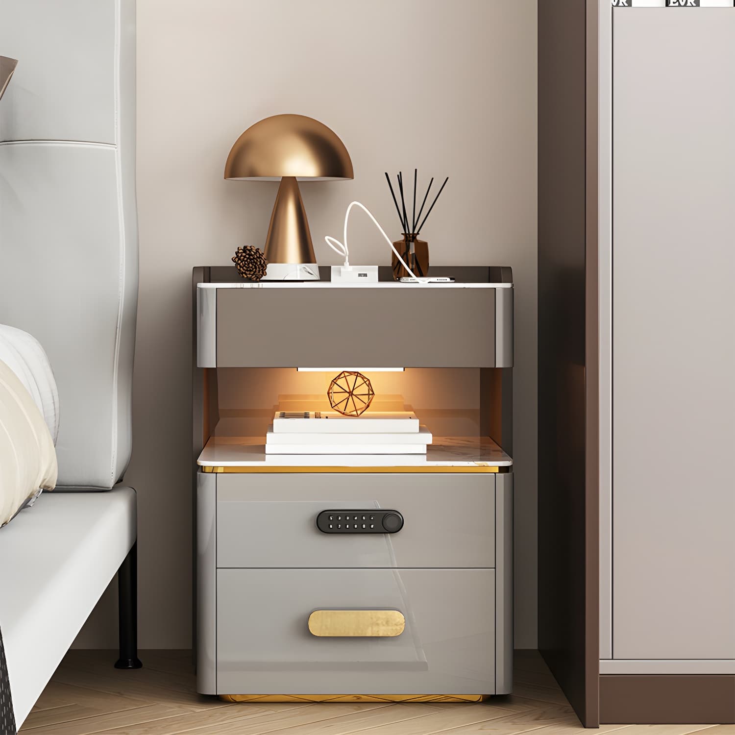 3-Drawer Nightstand with USB charging 21.65" Tall Faux Leather Nightstand thumbnail 4